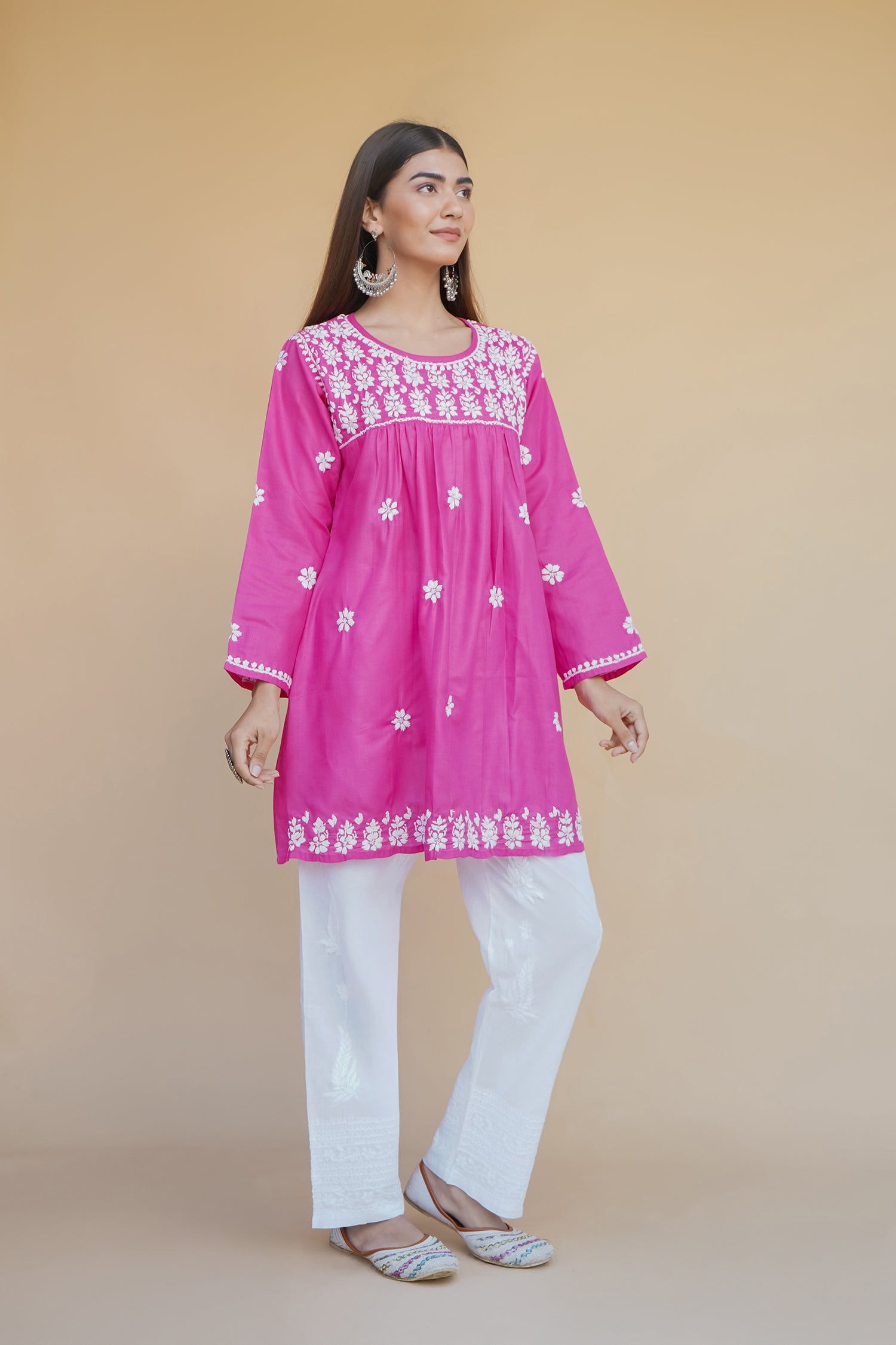 Cotton Chikankari Short Kurta in Pink