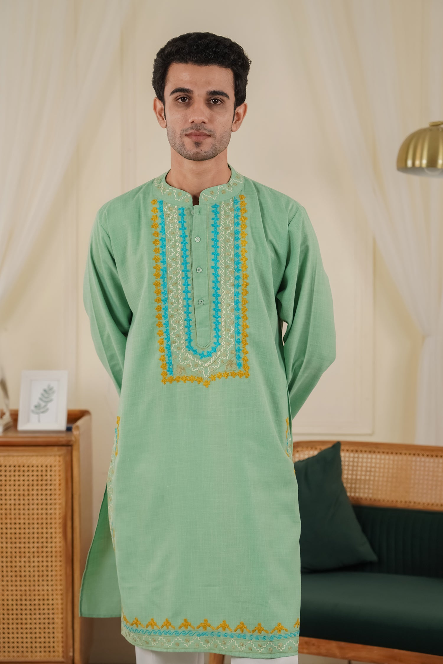 Men’s Kashmiri Aari Embroidered Kurta Ruby Cotton - Mint Green