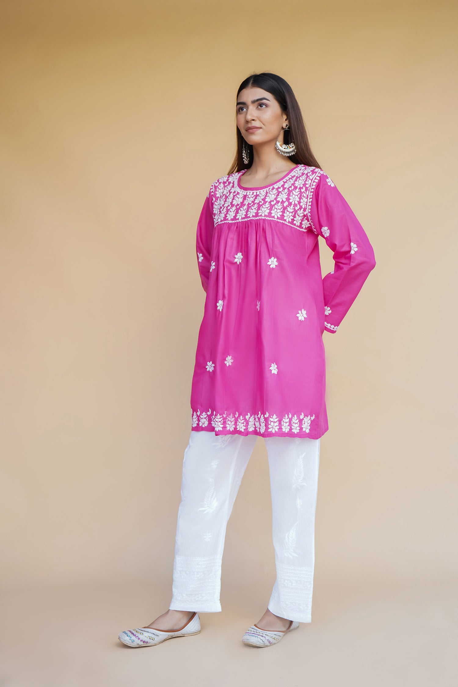 Cotton Chikankari Short Kurta in Pink