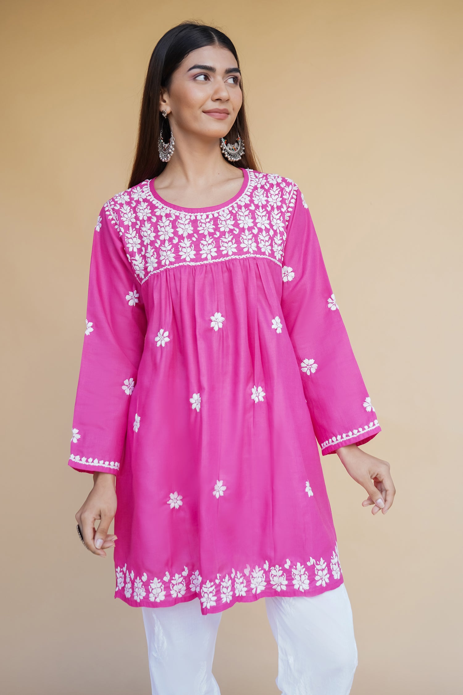 Cotton Chikankari Short Kurta in Pink