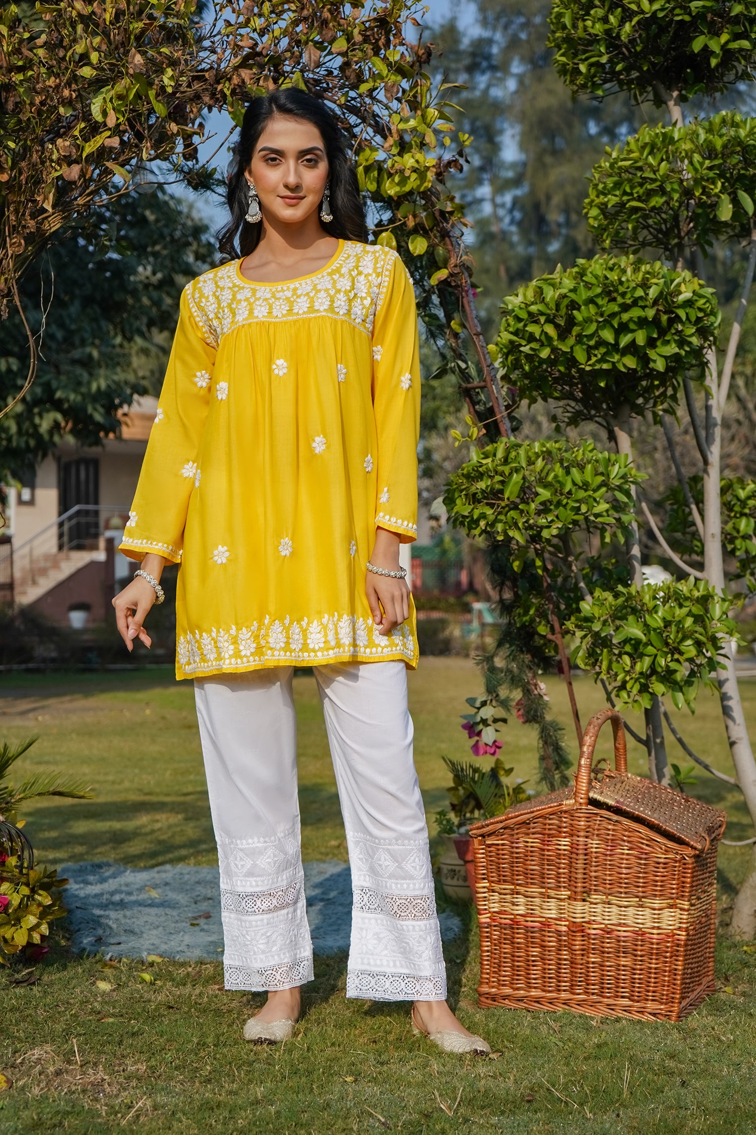 Cotton Chikankari Short Kurta in Yellow