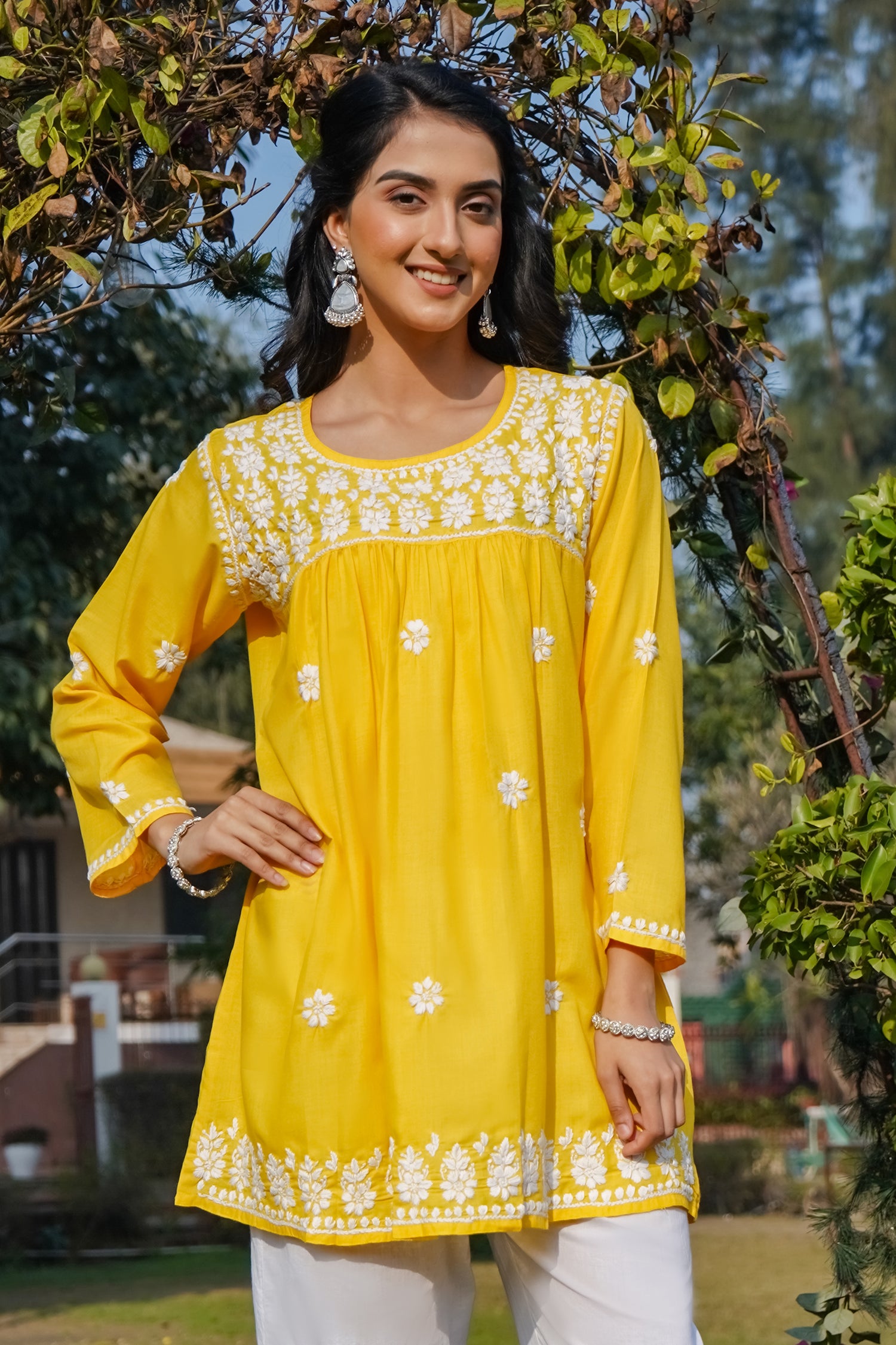 Cotton Chikankari Short Kurta in Yellow