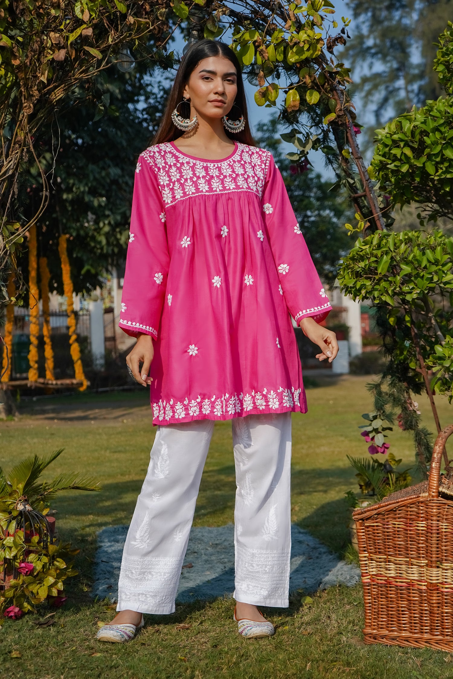 Cotton Chikankari Short Kurta in Pink