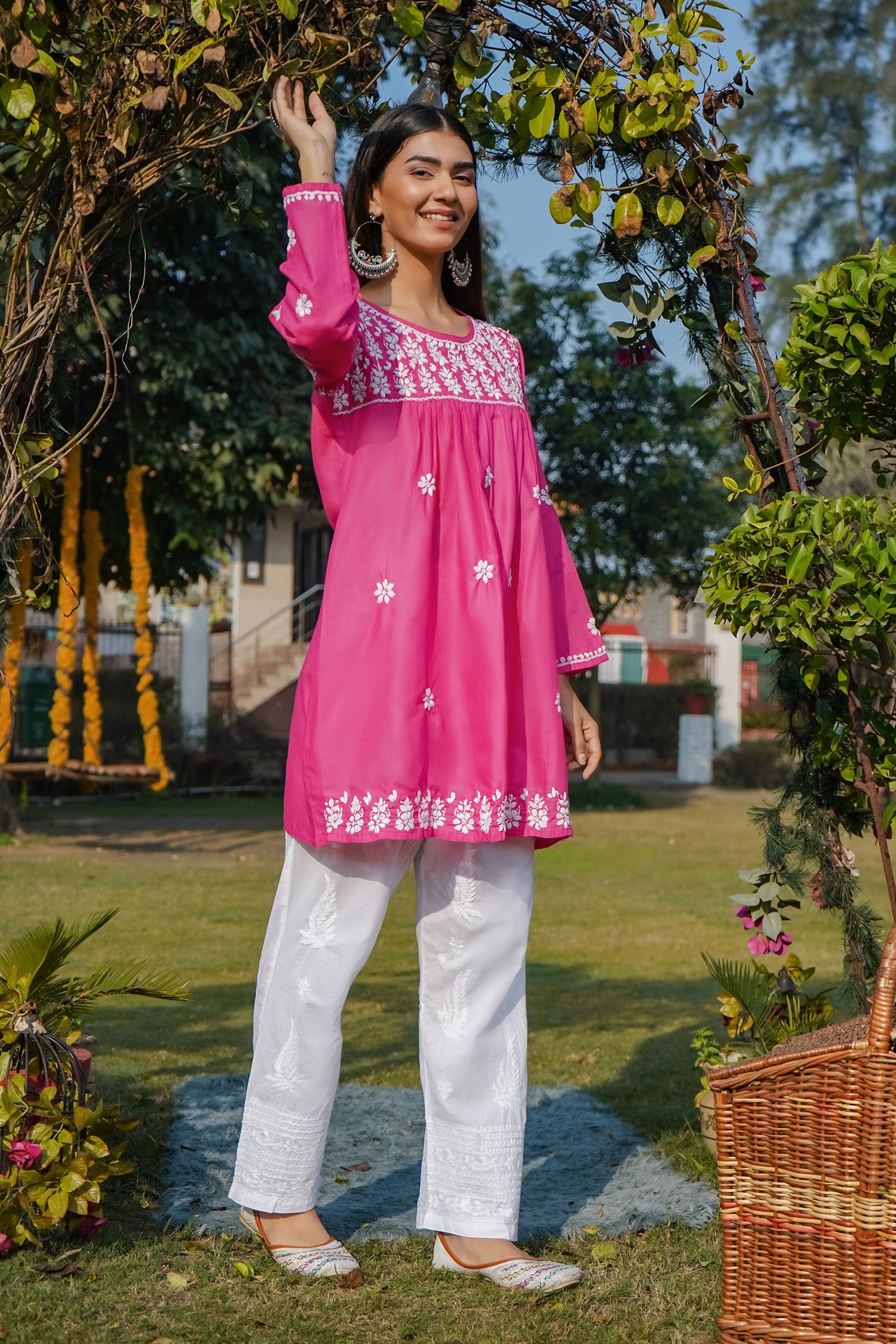 Cotton Chikankari Short Kurta in Pink