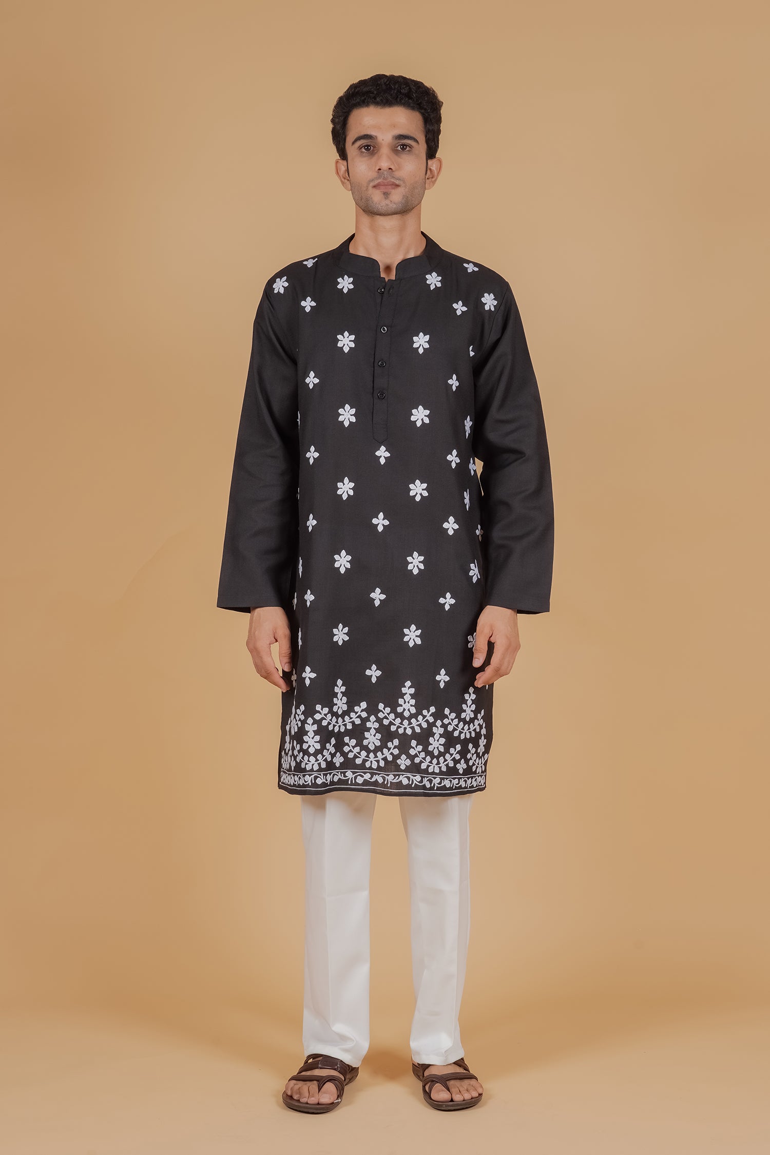 Men’s Kashmiri Aari Embroidered Kurta Ruby Cotton - Black