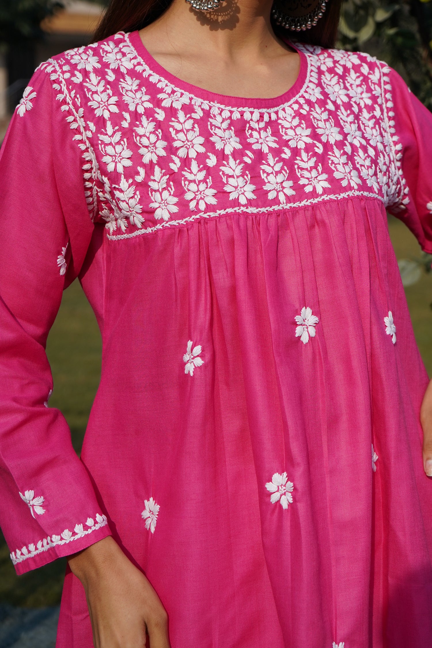 Cotton Chikankari Short Kurta in Pink