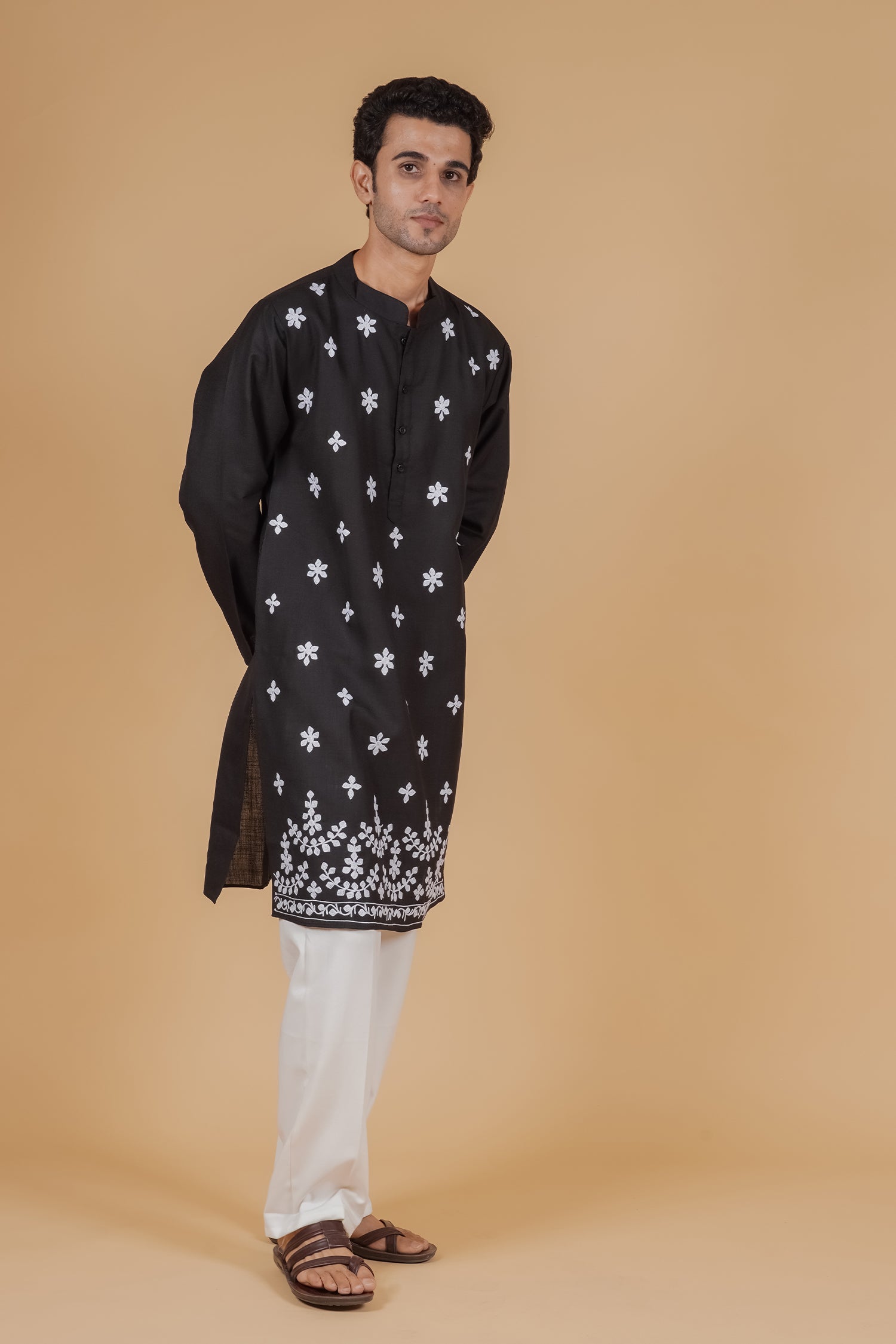 Men’s Kashmiri Aari Embroidered Kurta Ruby Cotton - Black