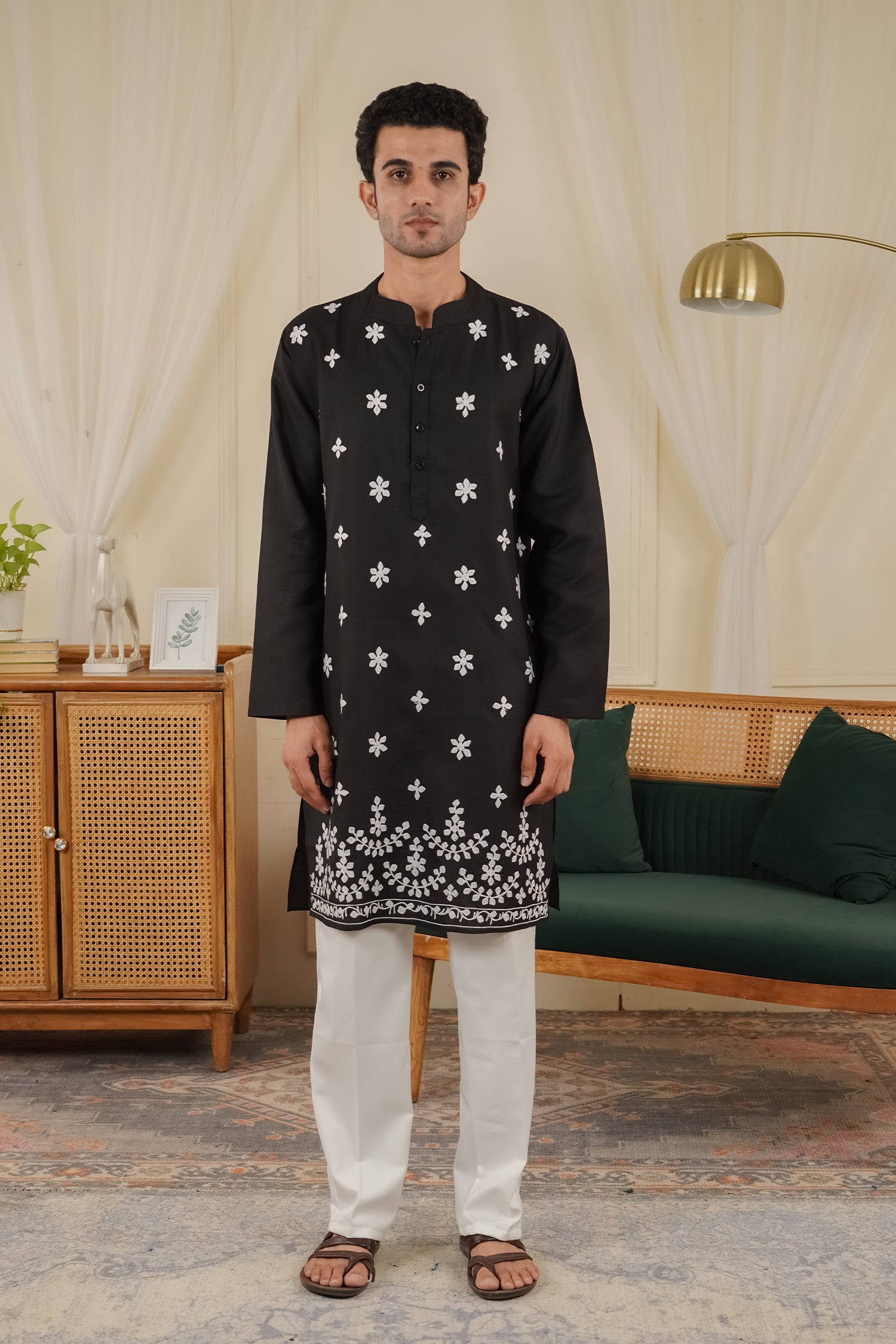 Men’s Kashmiri Aari Embroidered Kurta Ruby Cotton - Black