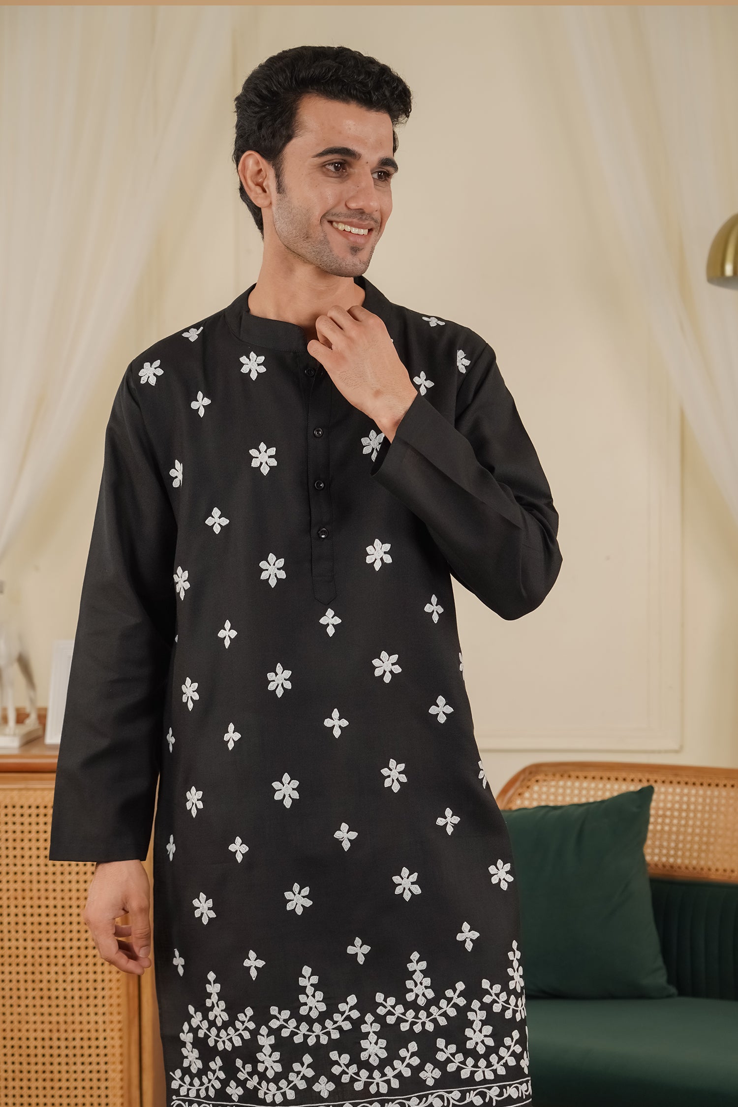 Men’s Kashmiri Aari Embroidered Kurta Ruby Cotton - Black