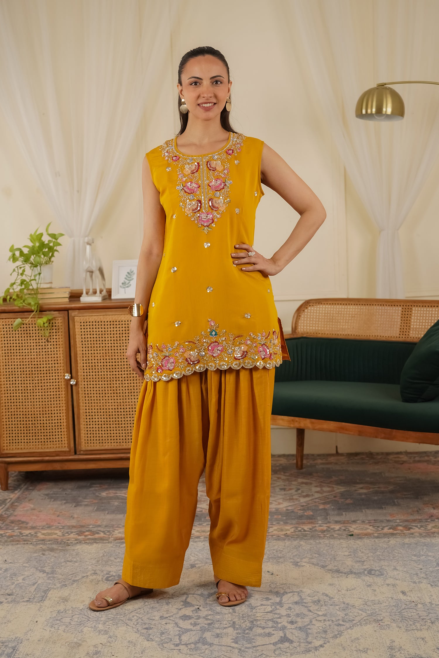 Mix Sequin Mul Chanderi Silk Embroidered Kurta Set - Mustard