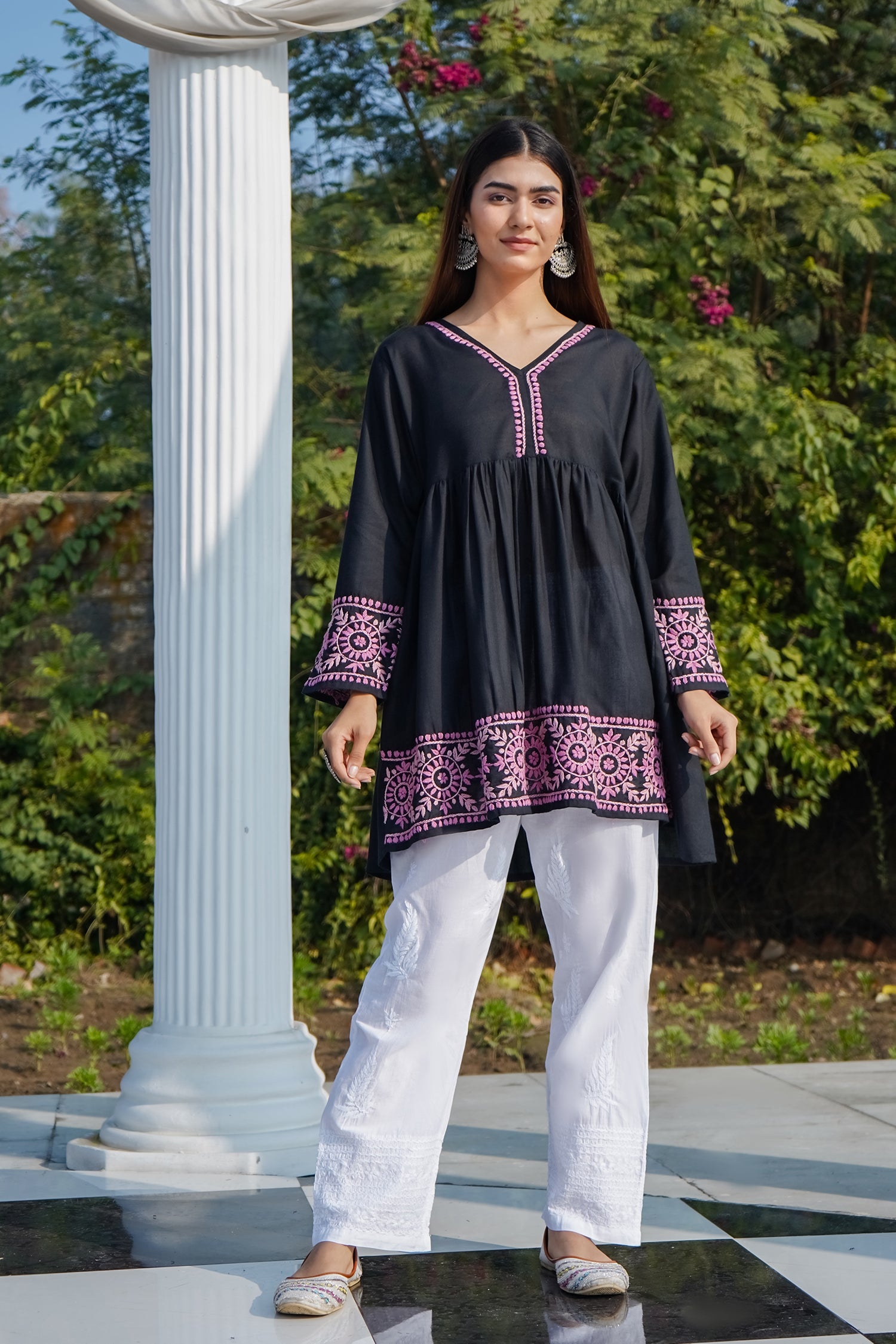 Cotton Chikankari Short Kurta in Black