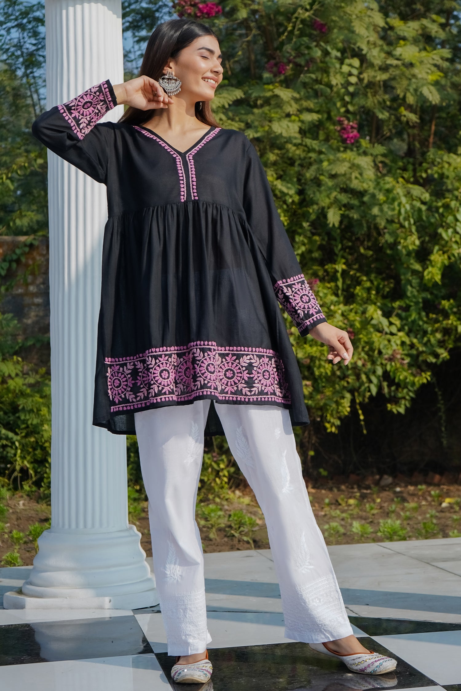 Cotton Chikankari Short Kurta in Black