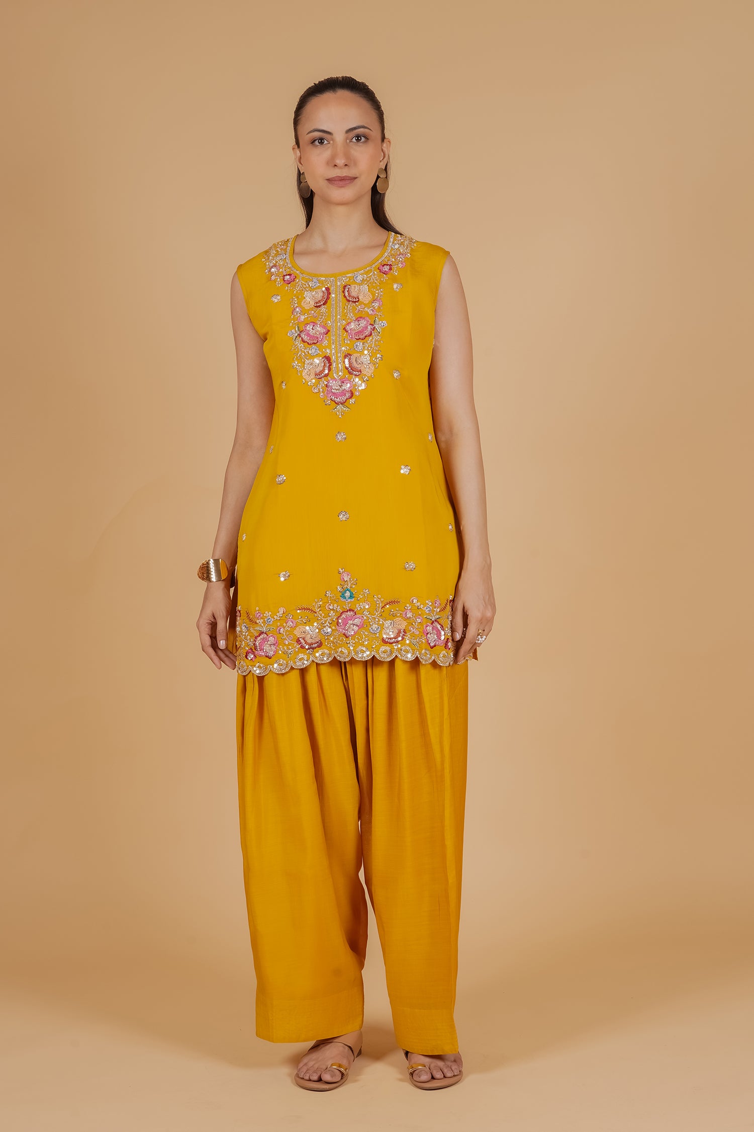 Mix Sequin Mul Chanderi Silk Embroidered Kurta Set - Mustard