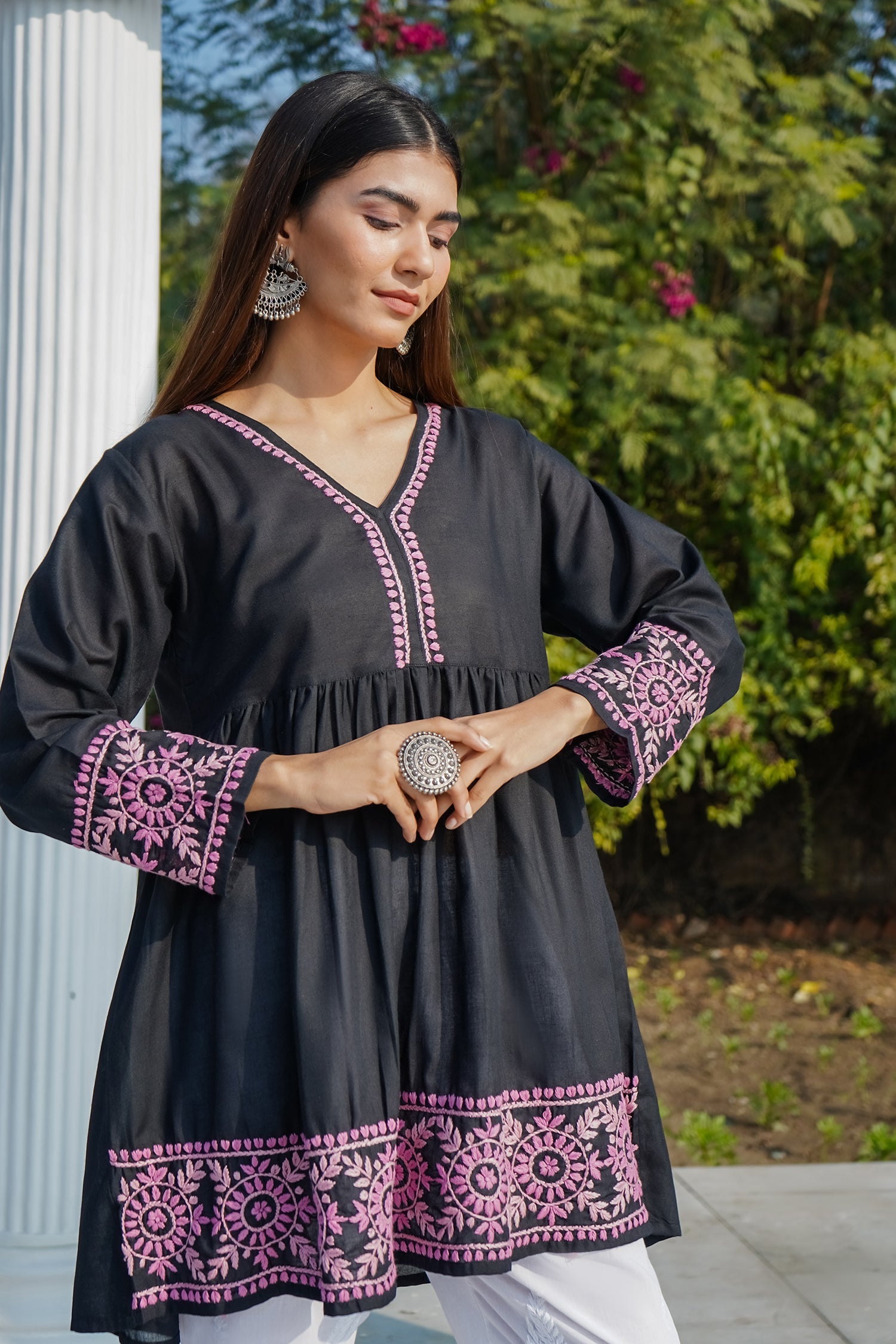 Cotton Chikankari Short Kurta in Black