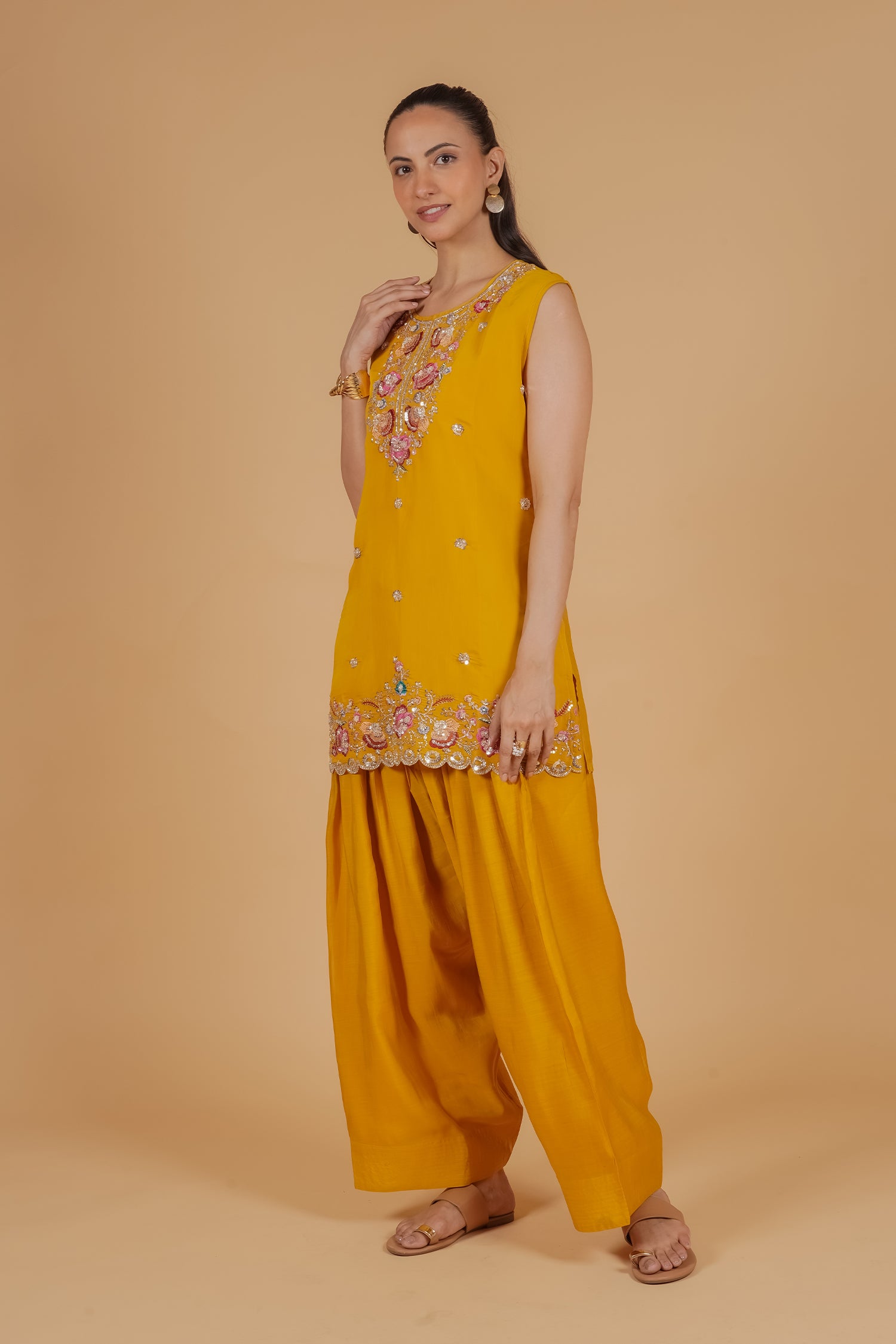 Mix Sequin Mul Chanderi Silk Embroidered Kurta Set - Mustard