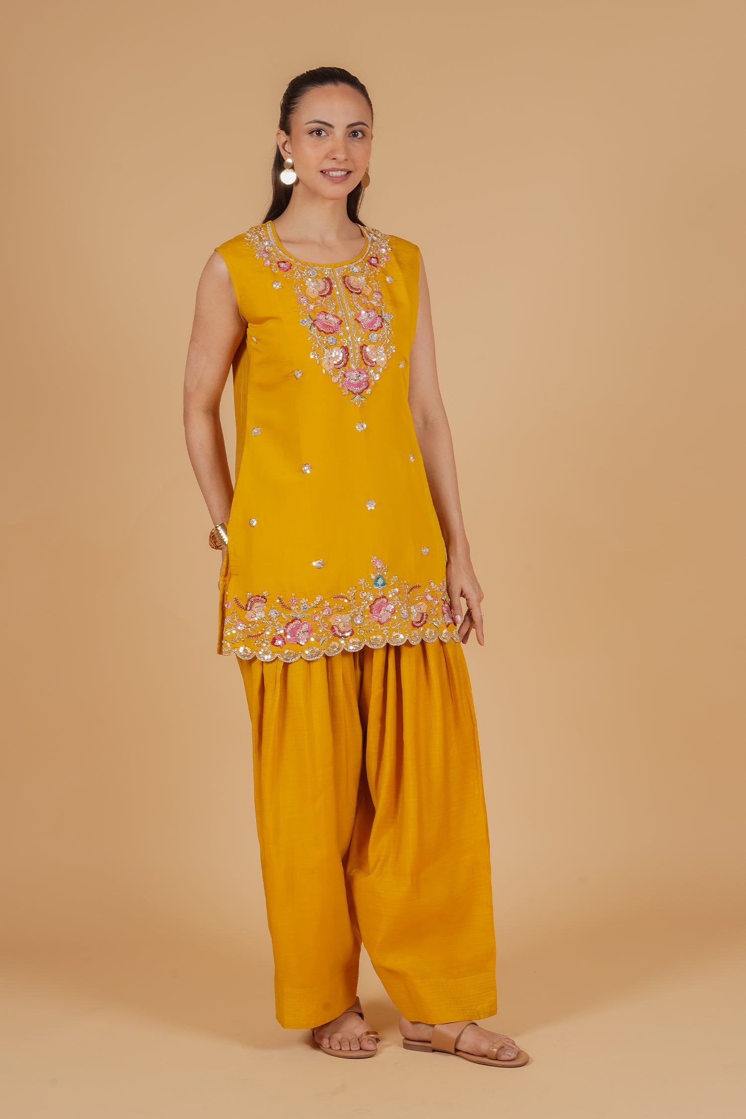 Mix Sequin Mul Chanderi Silk Embroidered Kurta Set - Mustard