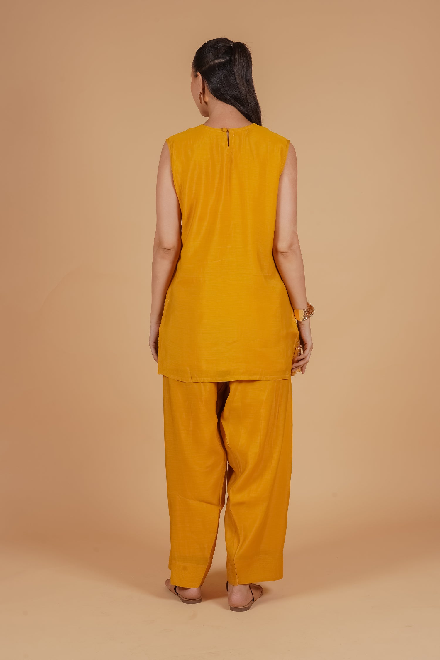Mix Sequin Mul Chanderi Silk Embroidered Kurta Set - Mustard