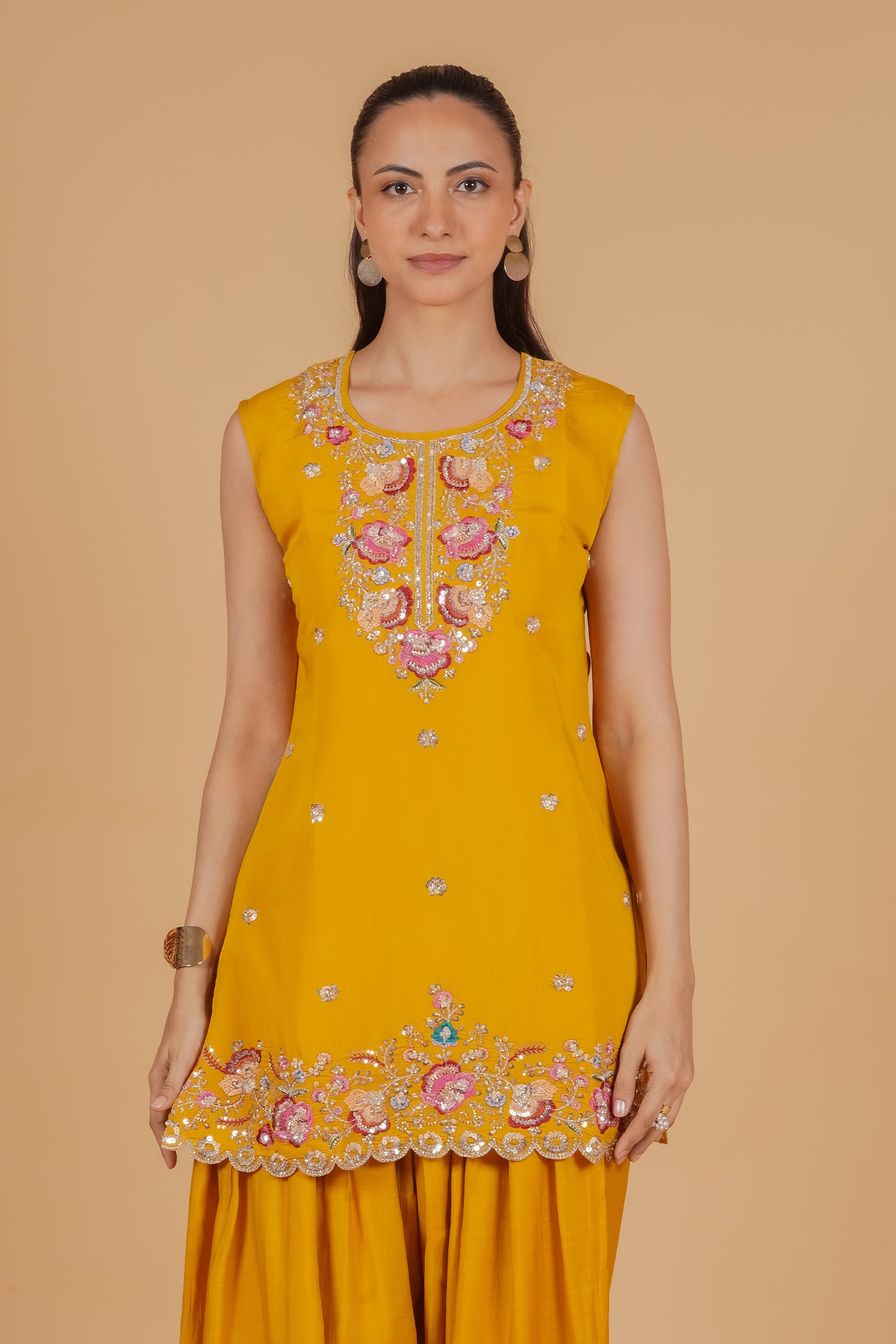 Mix Sequin Mul Chanderi Silk Embroidered Kurta Set - Mustard