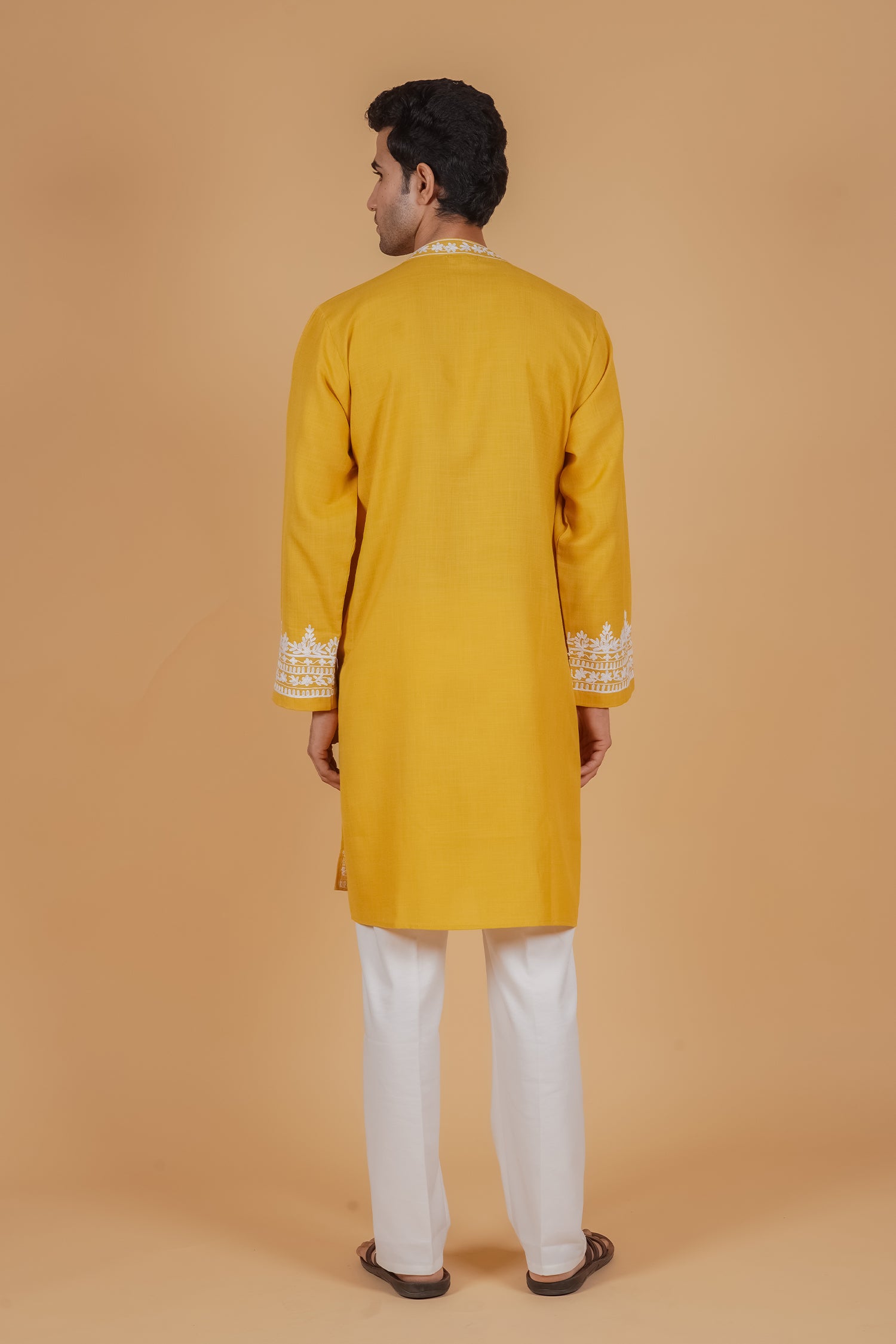 Men’s Kashmiri Aari Embroidered Kurta Ruby Cotton - Mustard