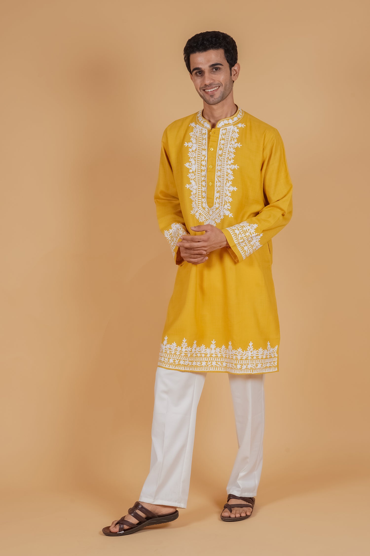 Men’s Kashmiri Aari Embroidered Kurta Ruby Cotton - Mustard