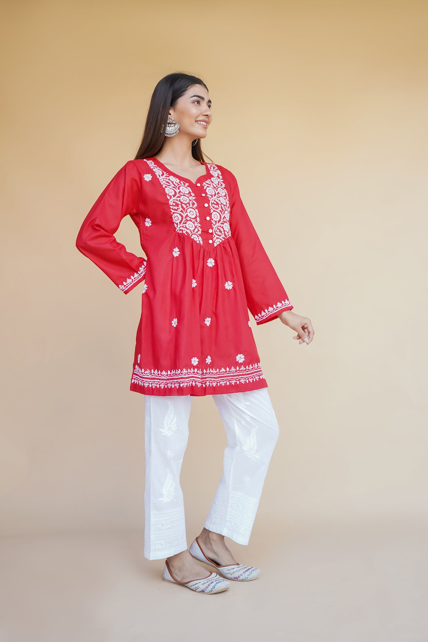 Cotton Chikankari Short Kurta in Red