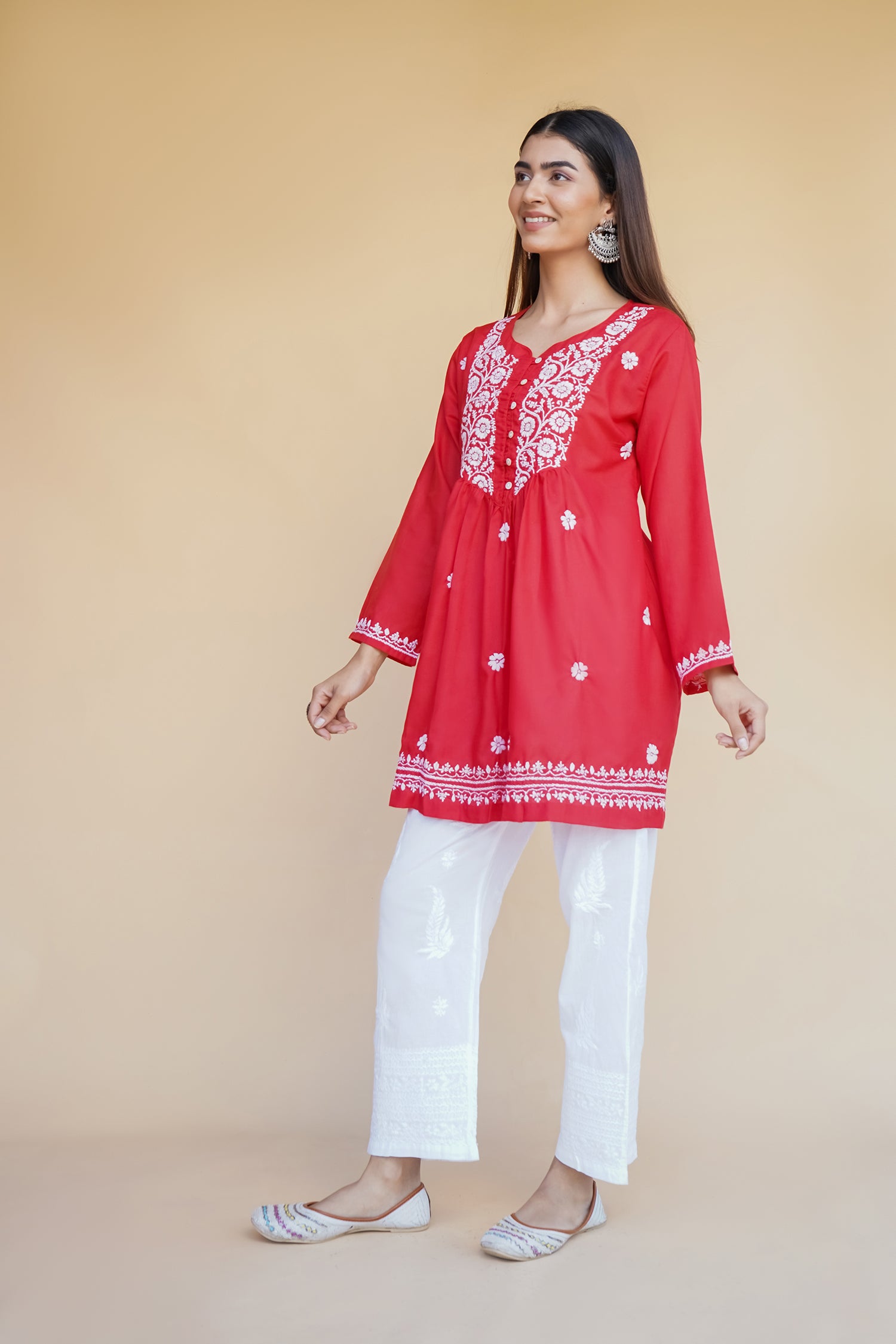 Cotton Chikankari Short Kurta in Red