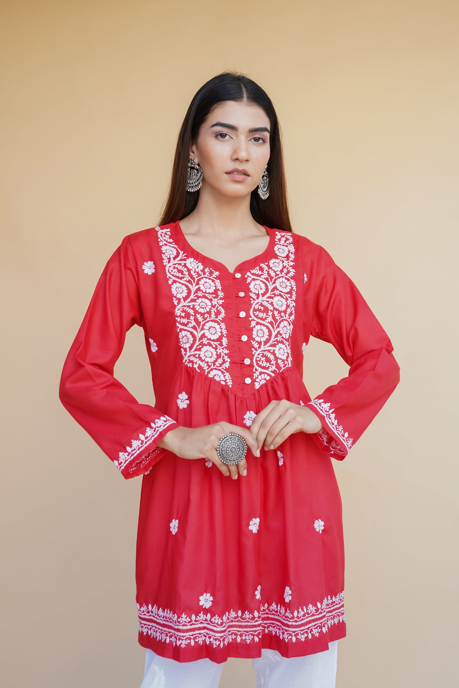 Cotton Chikankari Short Kurta in Red