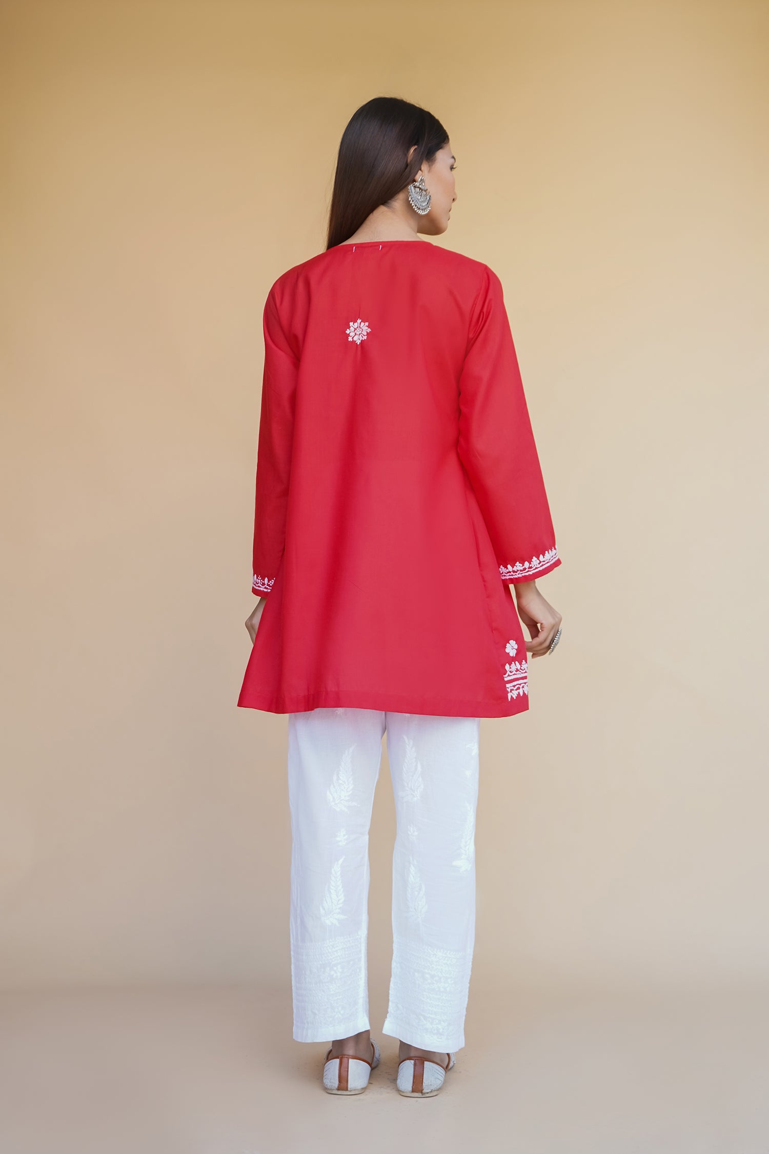 Cotton Chikankari Short Kurta in Red