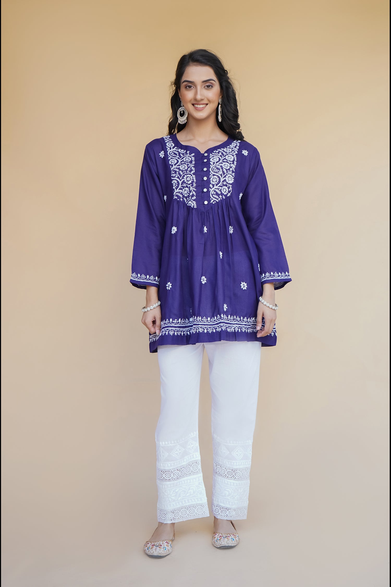 Cotton Chikankari Short Kurta in Navy Blue