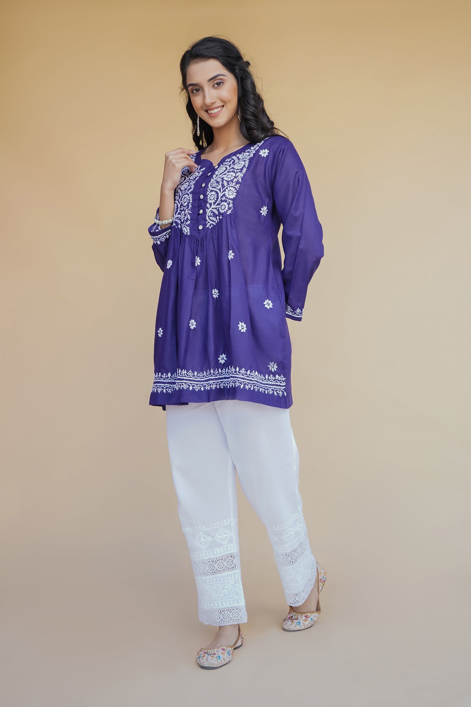 Cotton Chikankari Short Kurta in Navy Blue