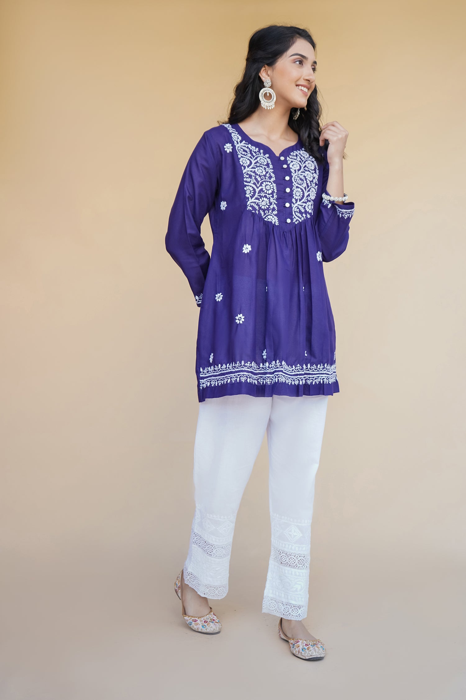 Cotton Chikankari Short Kurta in Navy Blue