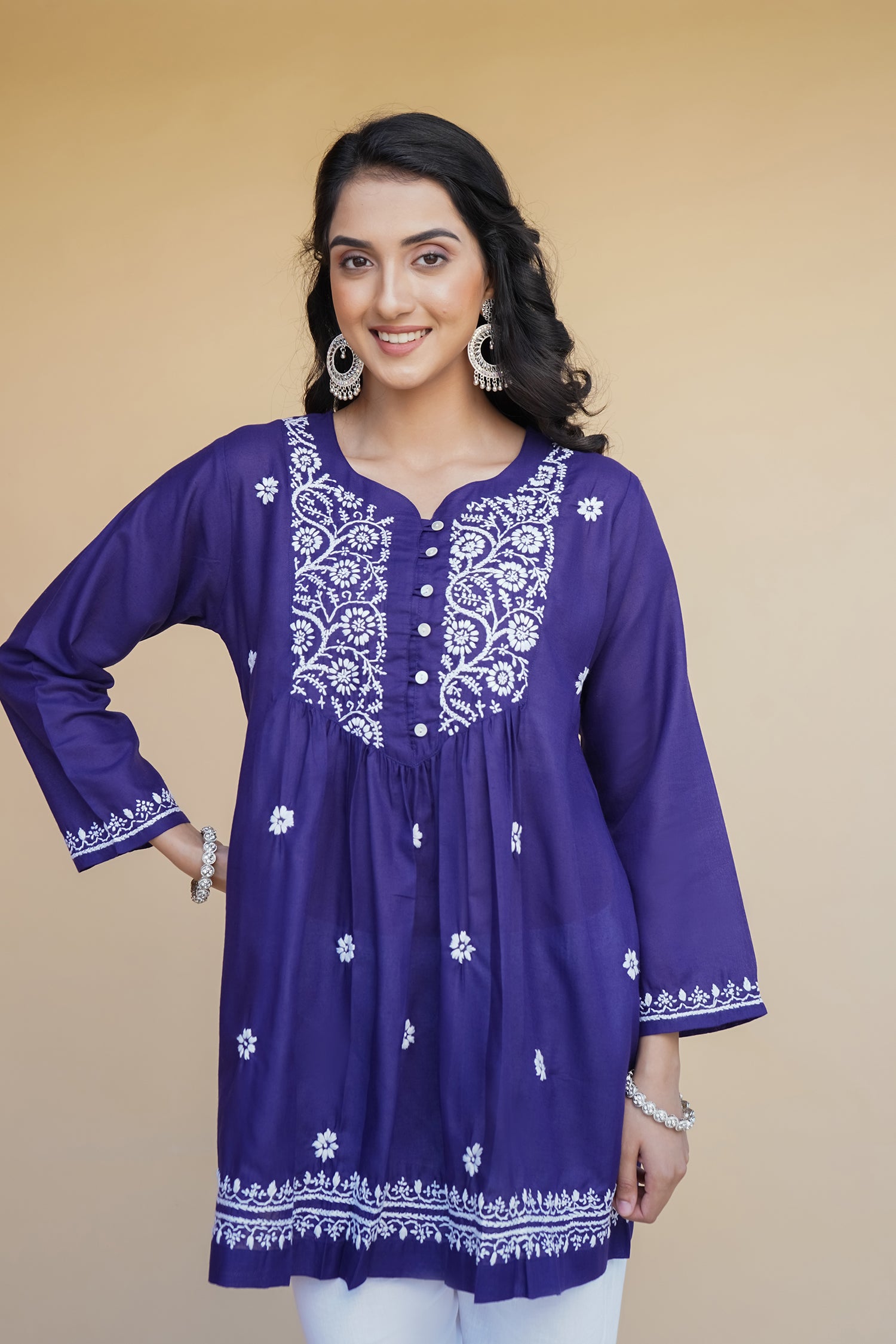 Cotton Chikankari Short Kurta in Navy Blue