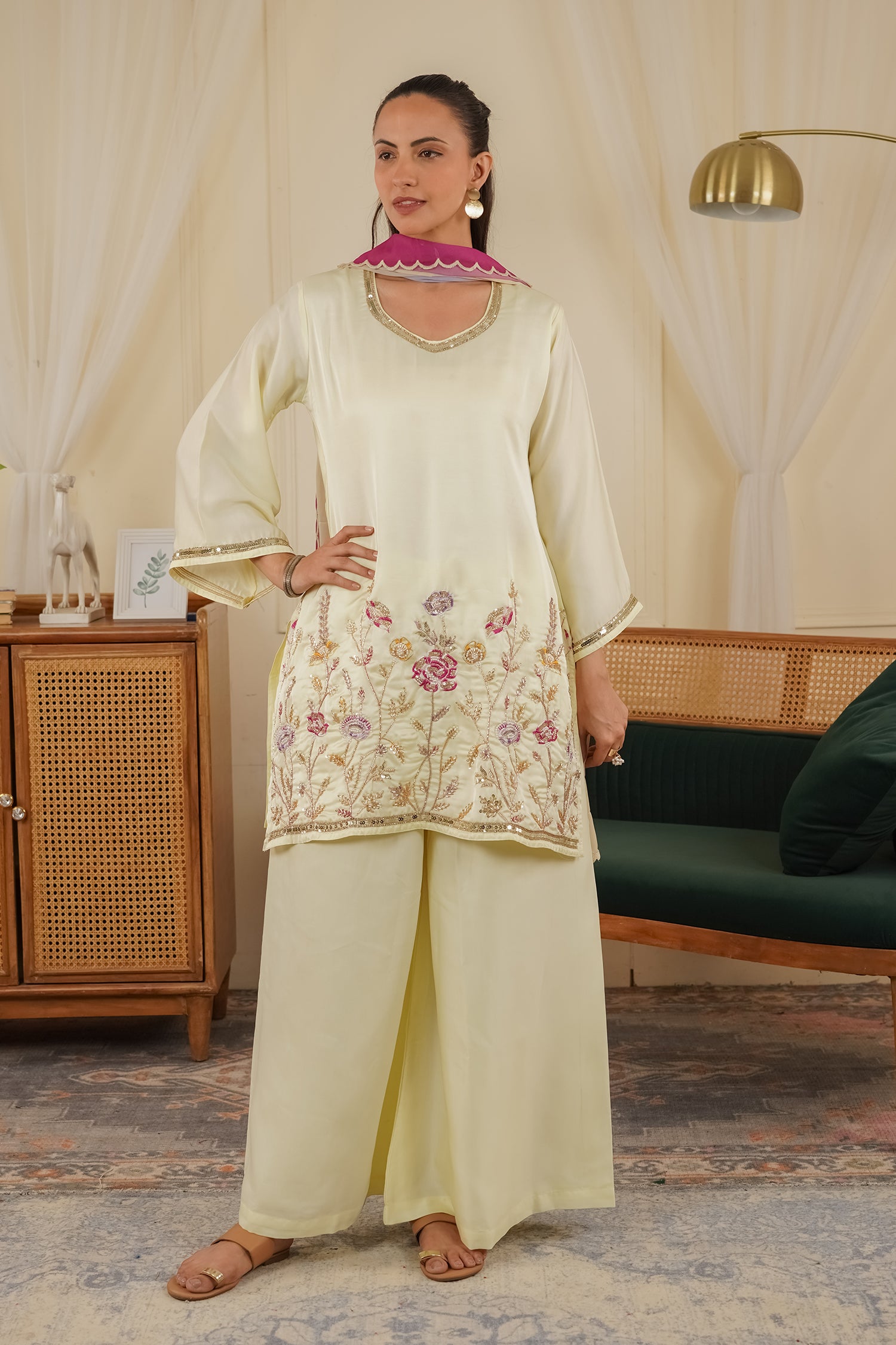 Mix Sequin Mul Chanderi Silk Embroidered Kurta Set - Butter Yellow