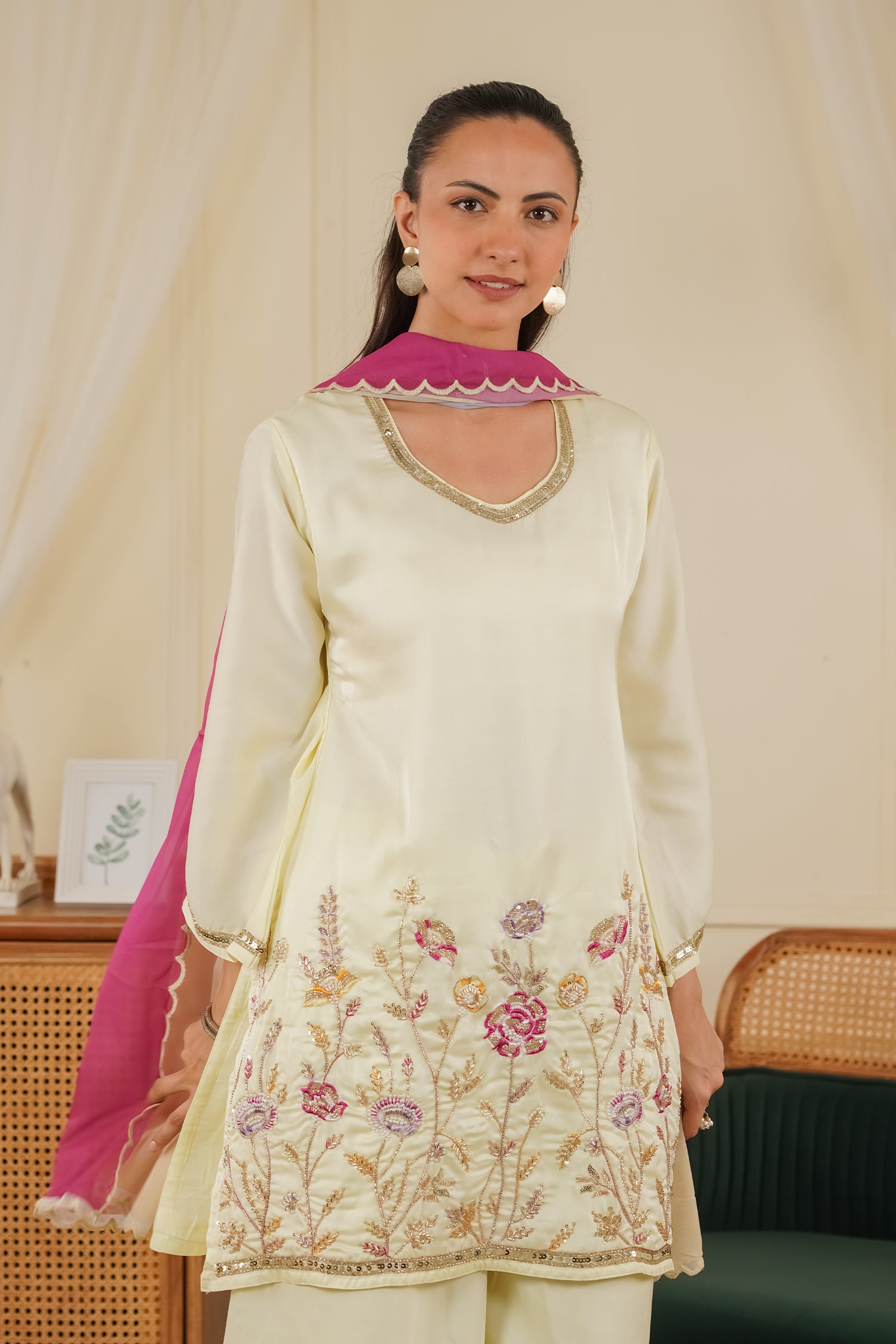 Mix Sequin Mul Chanderi Silk Embroidered Kurta Set - Butter Yellow