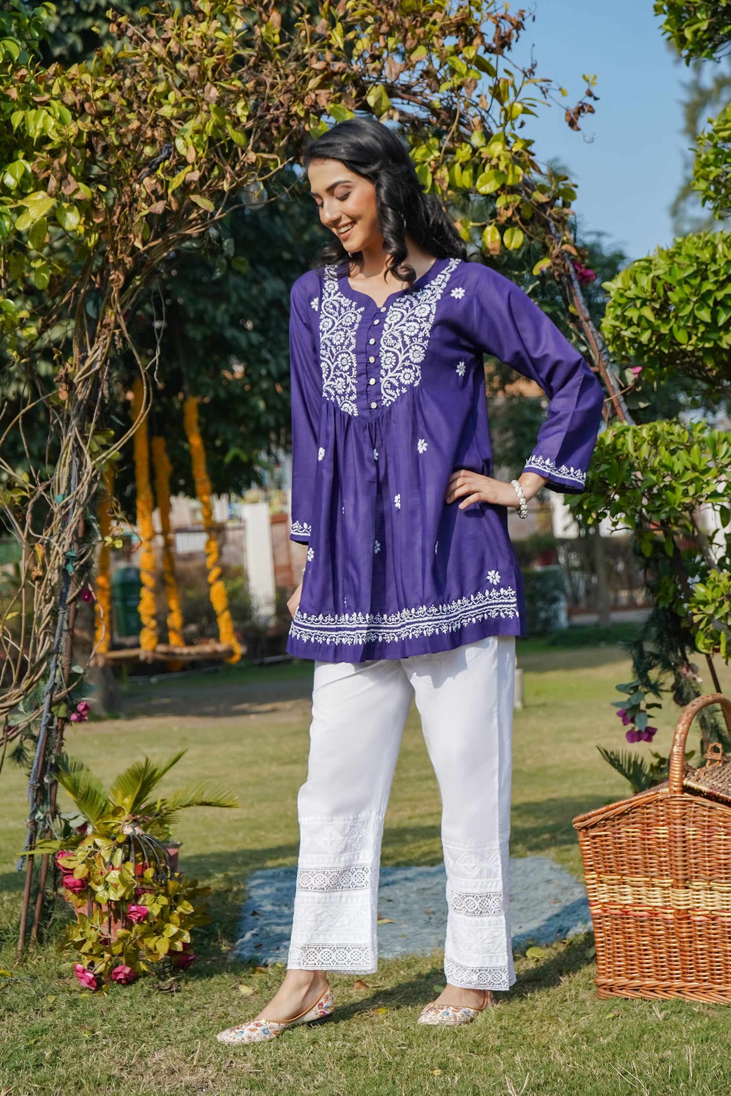 Cotton Chikankari Short Kurta in Navy Blue