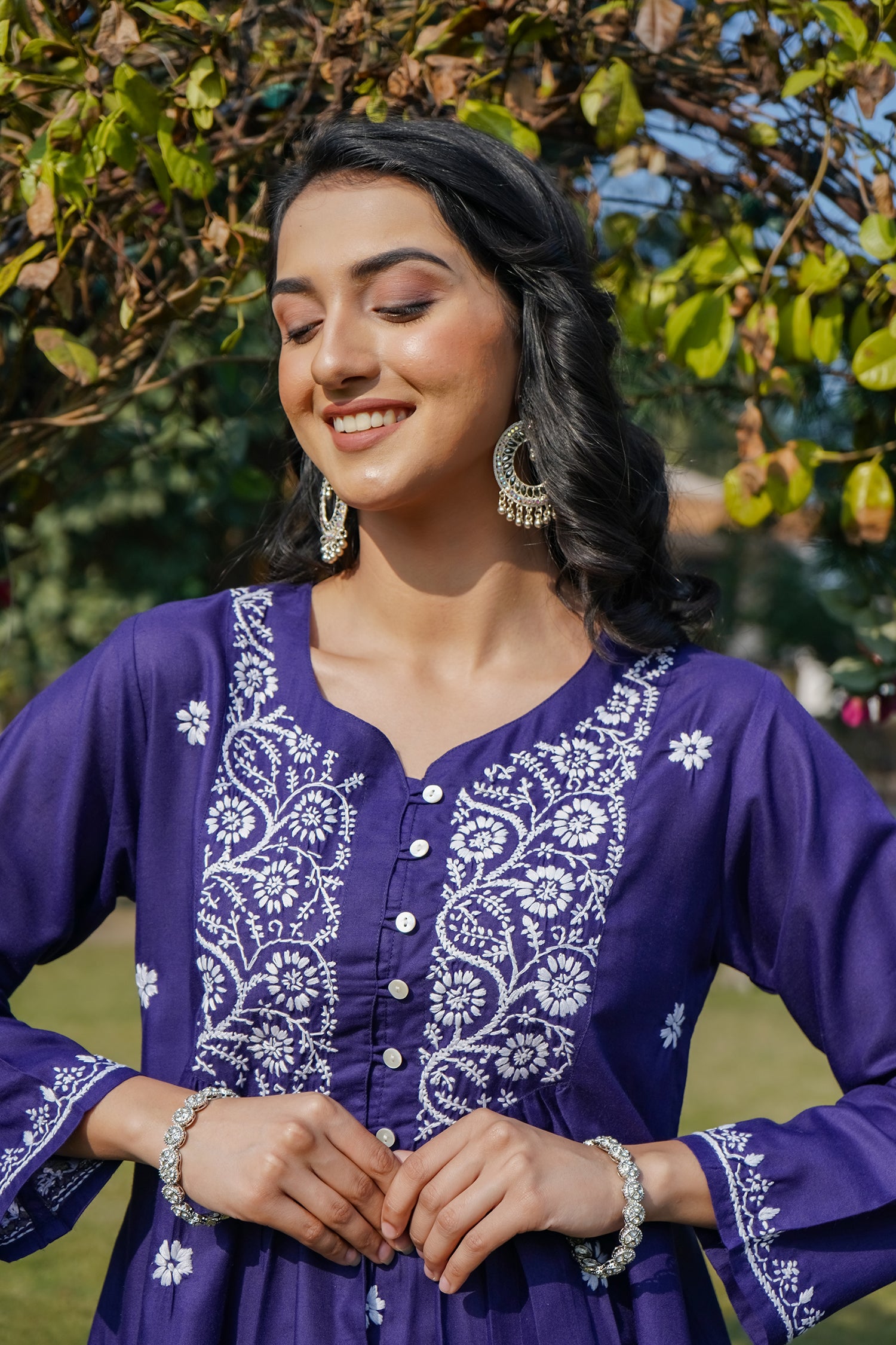 Cotton Chikankari Short Kurta in Navy Blue