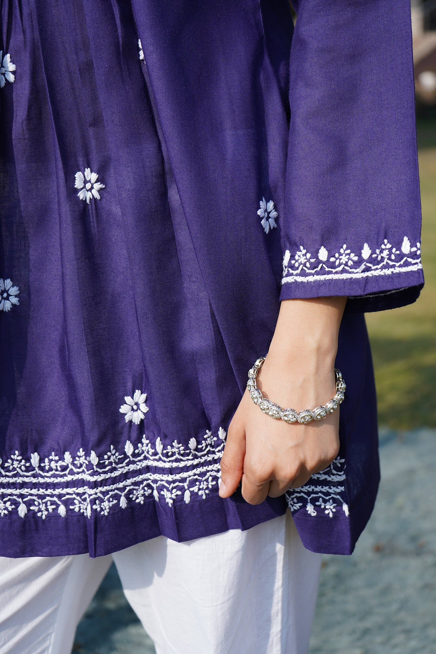 Cotton Chikankari Short Kurta in Navy Blue