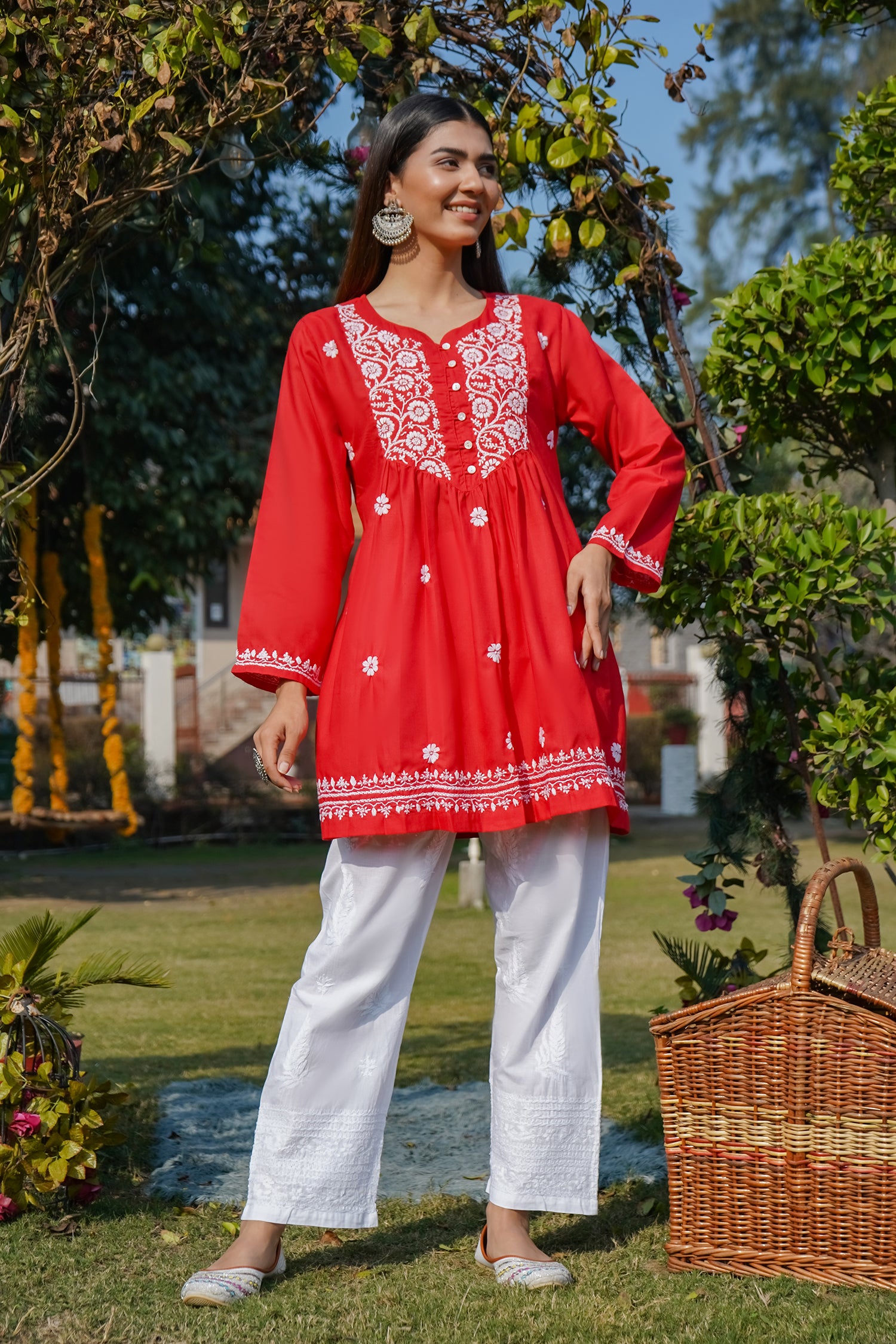 Cotton Chikankari Short Kurta in Red