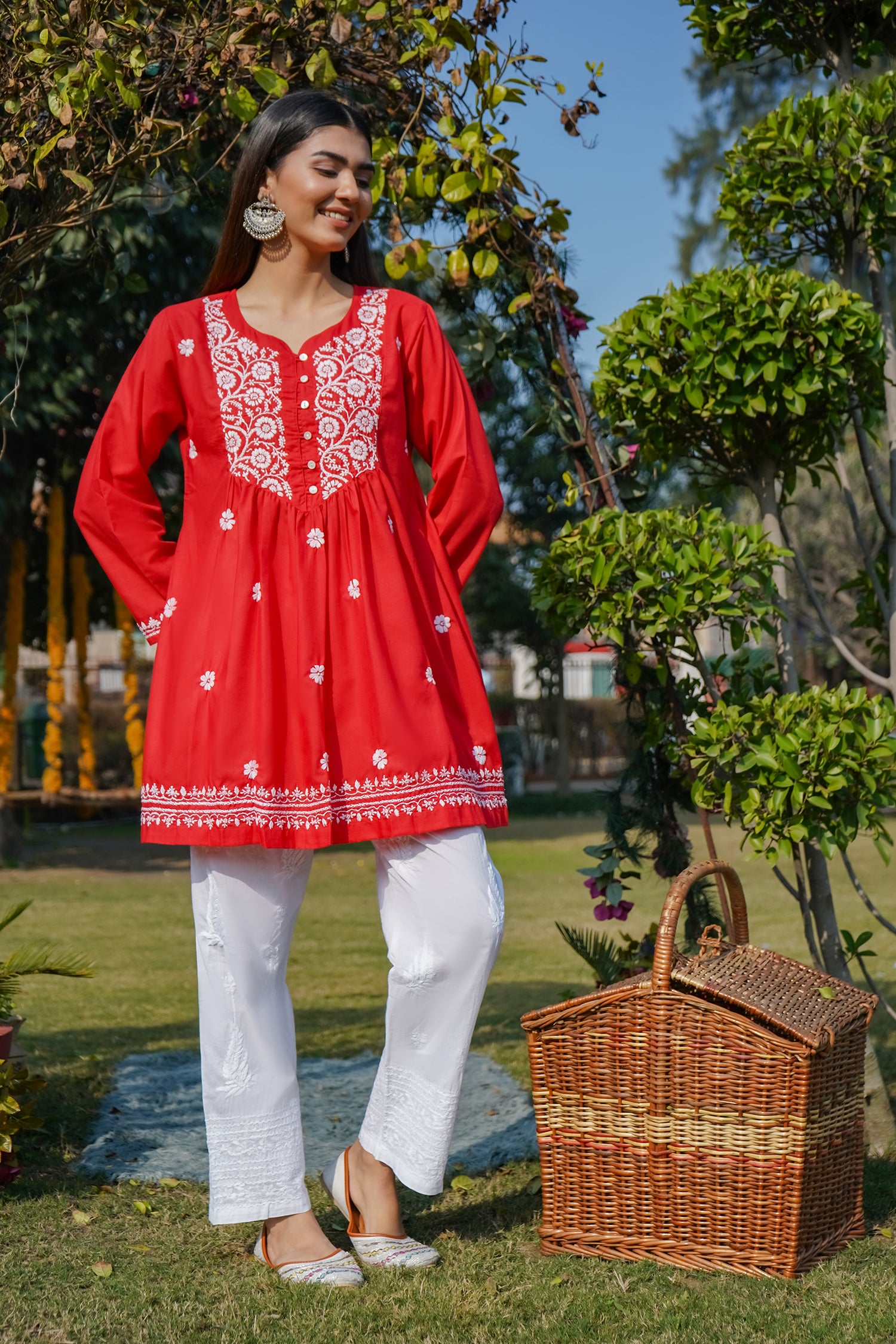 Cotton Chikankari Short Kurta in Red