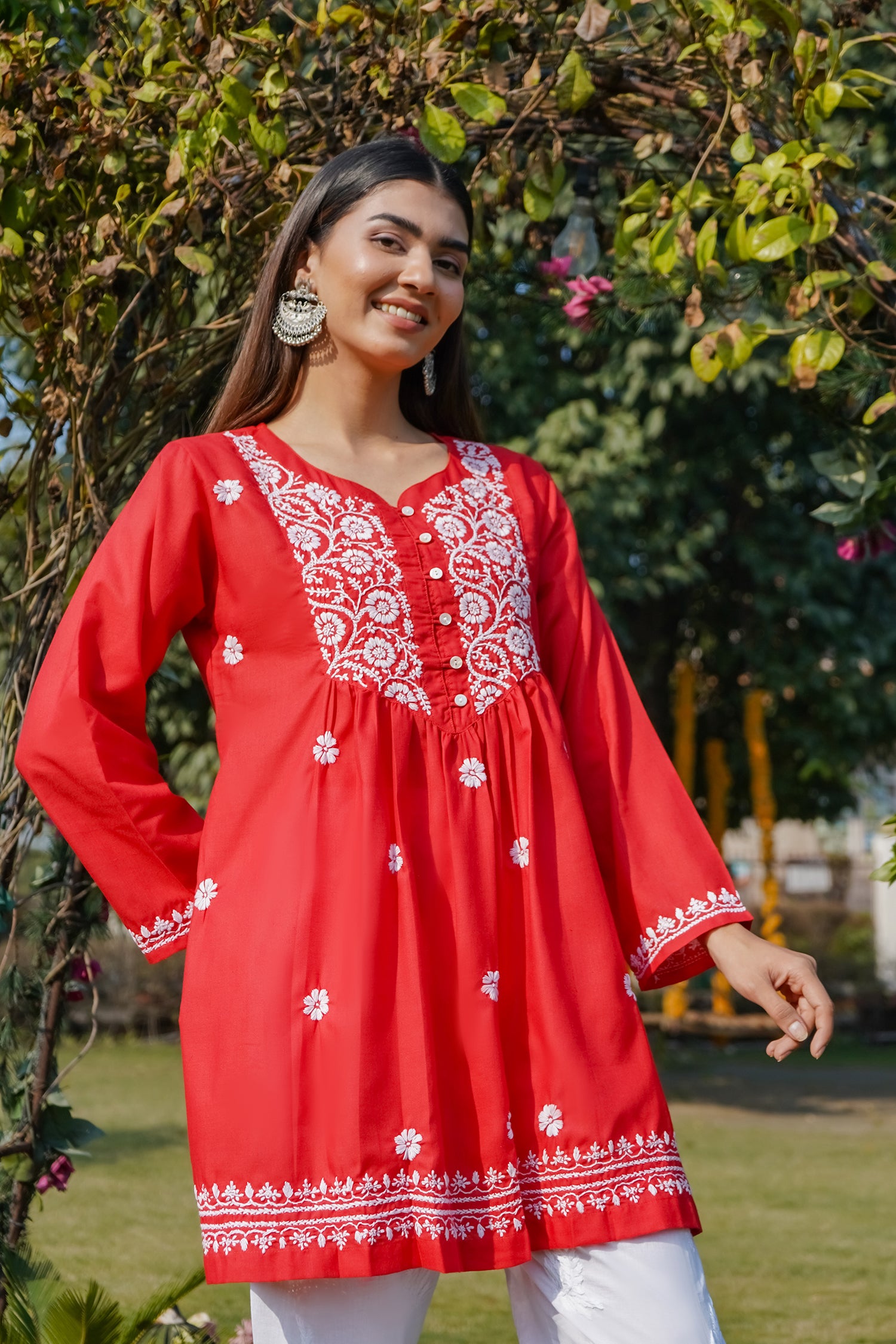 Cotton Chikankari Short Kurta in Red