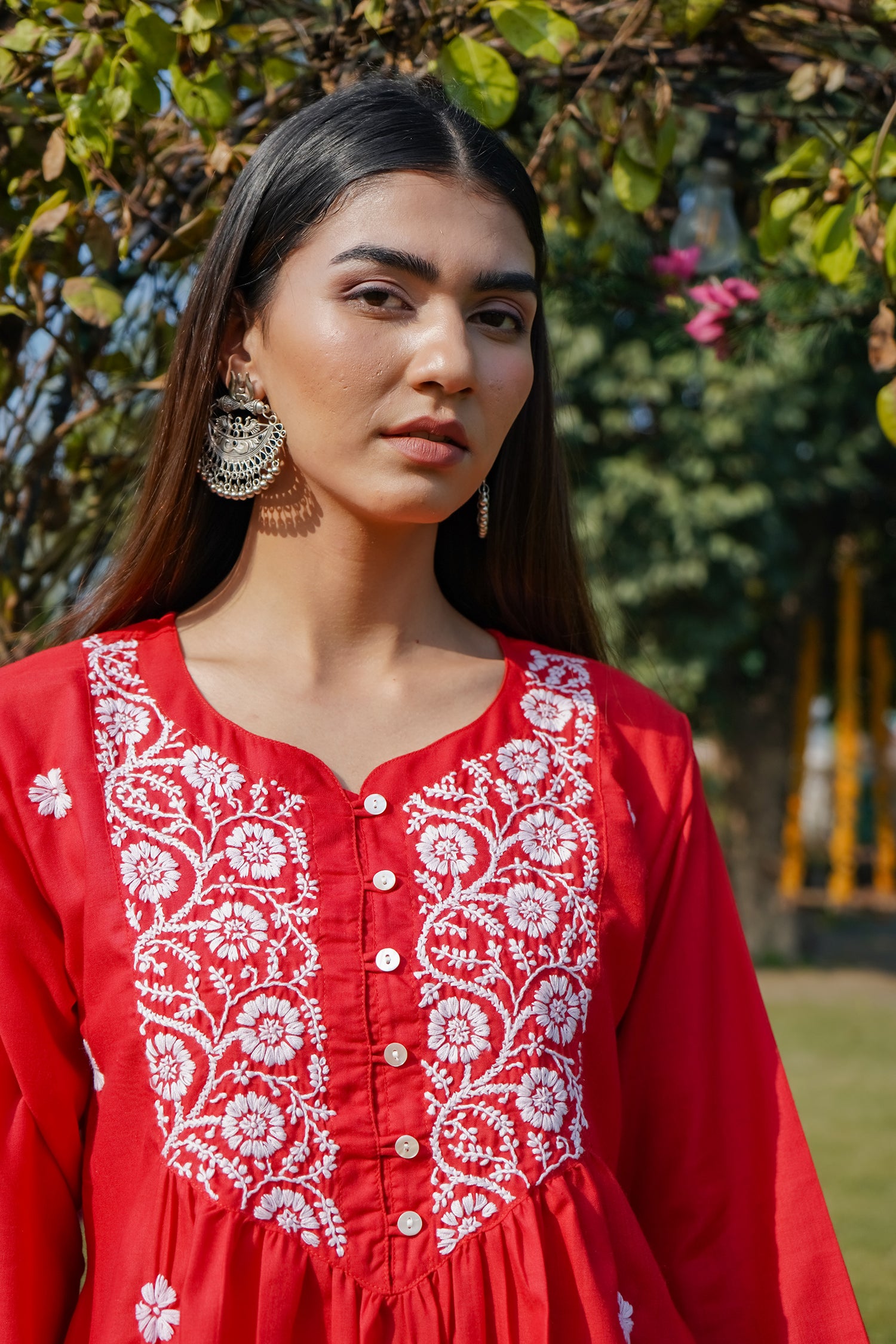 Cotton Chikankari Short Kurta in Red