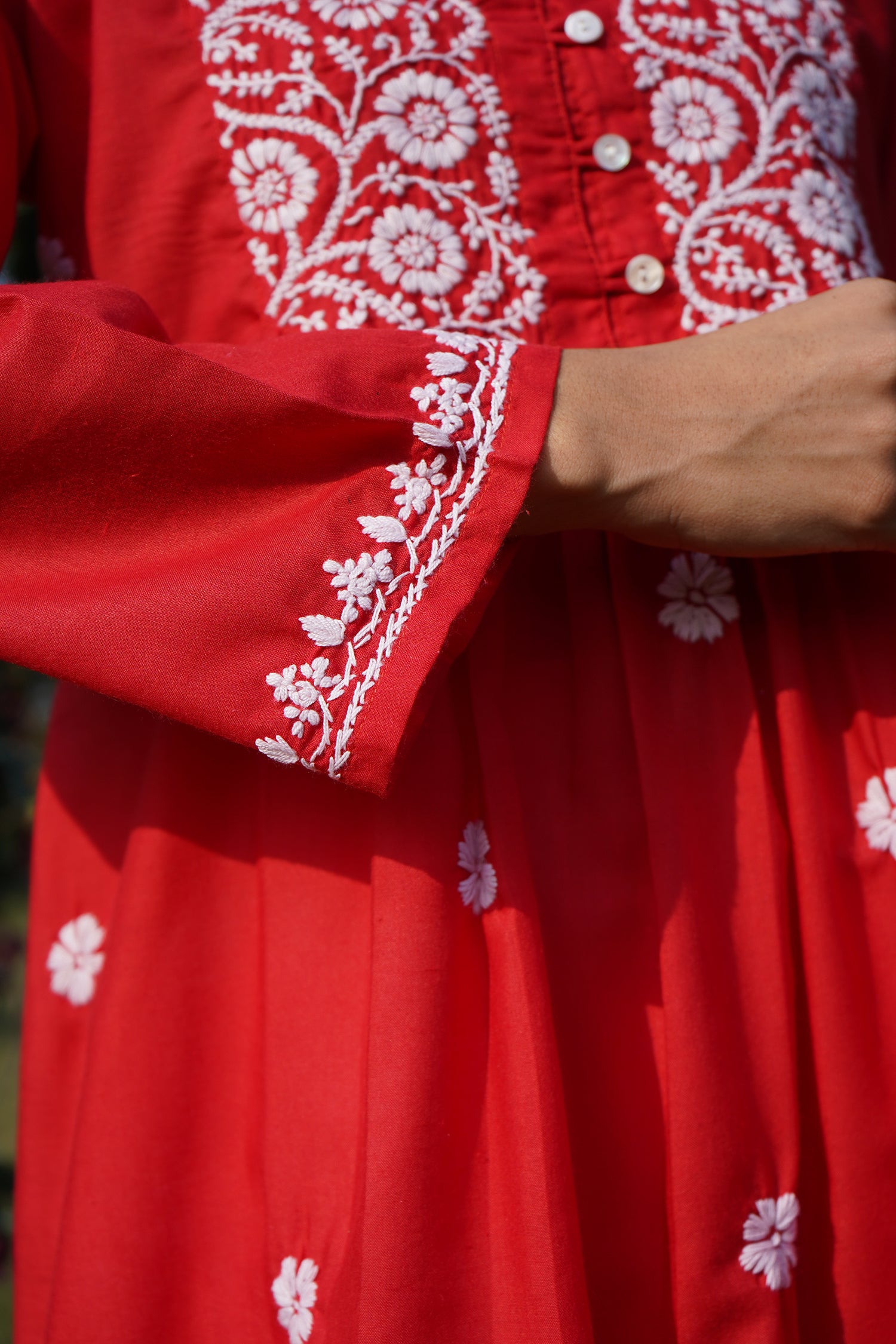 Cotton Chikankari Short Kurta in Red