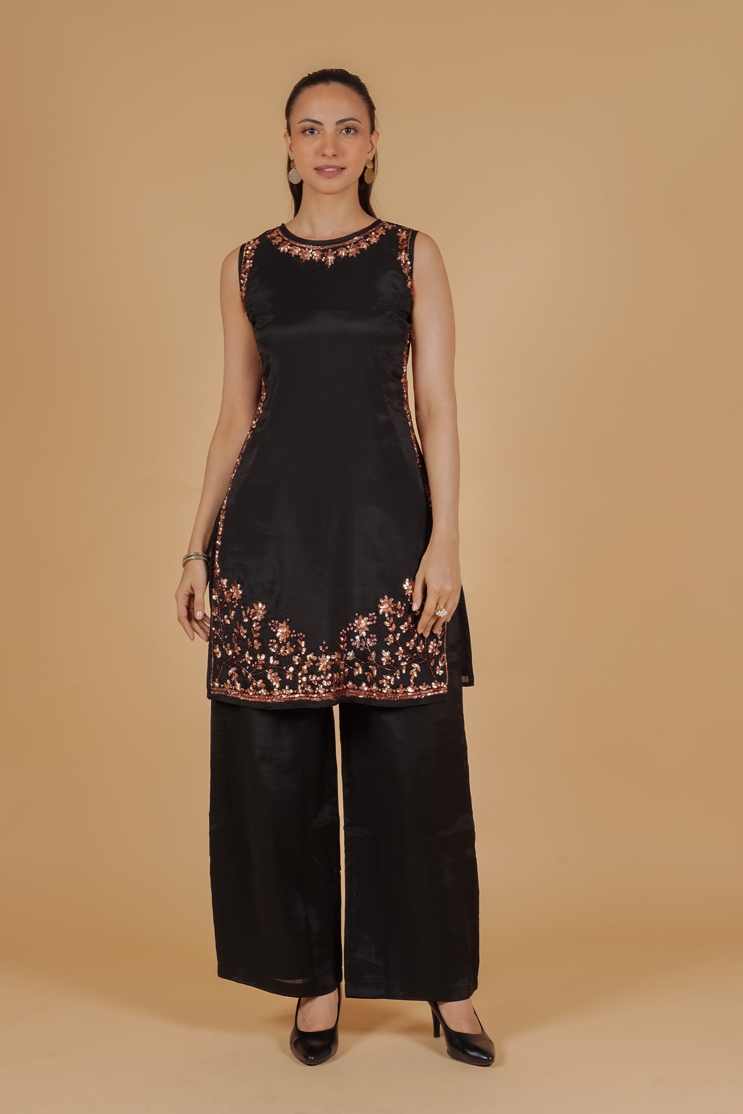 Pure Sequin Mul Chanderi Silk Kurta Set - Black Rose Gold