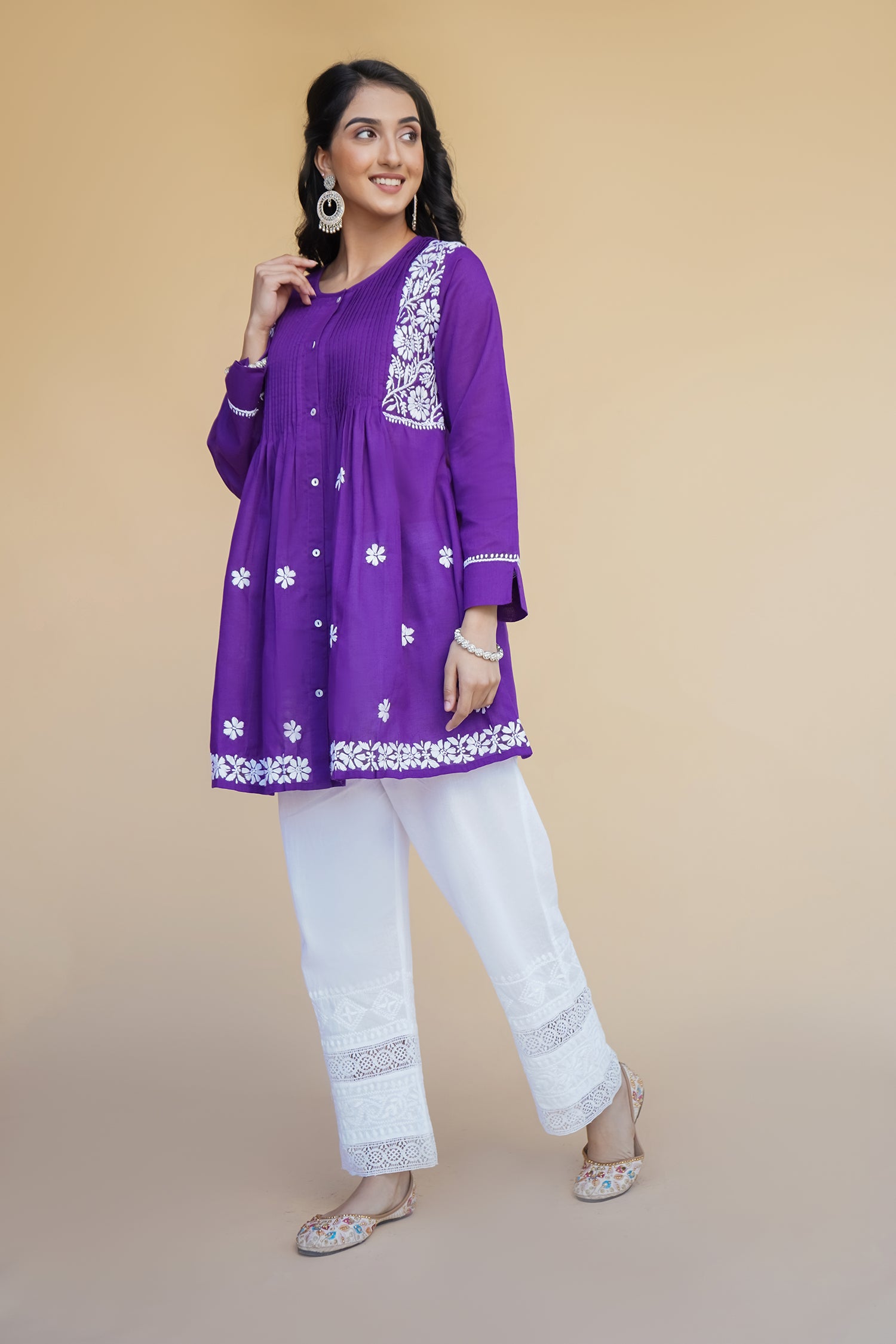 Cotton Chikankari Short Kurta in Purple