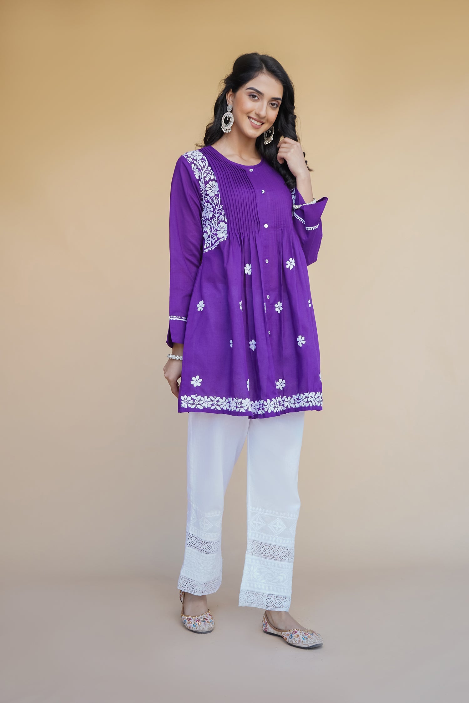 Cotton Chikankari Short Kurta in Purple