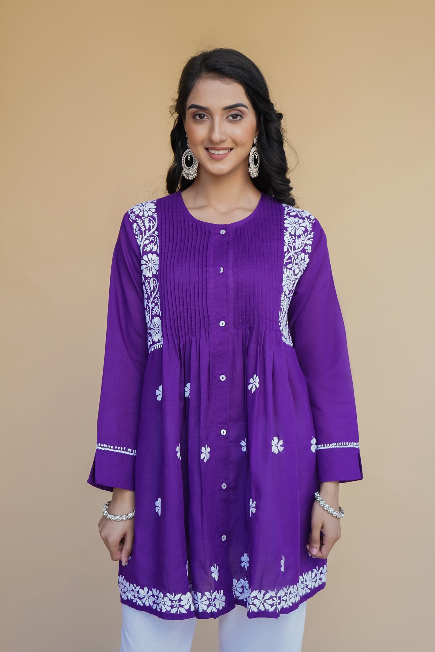 Cotton Chikankari Short Kurta in Purple