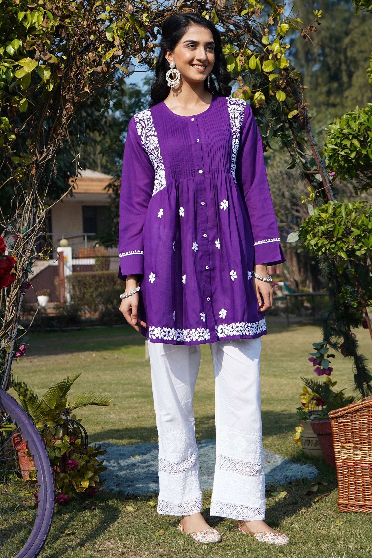 Cotton Chikankari Short Kurta in Purple