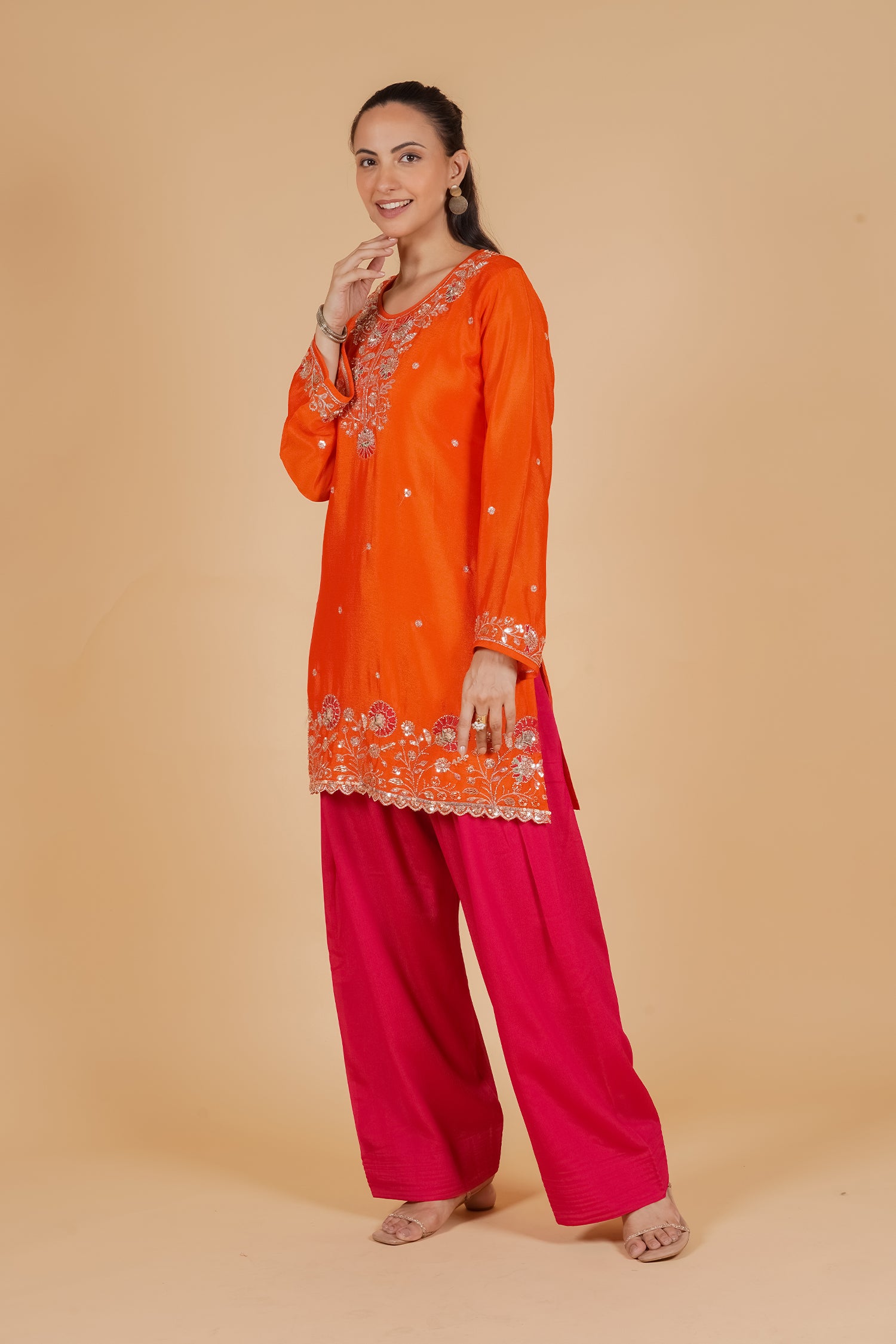 Mix Sequin  Chinnon Chiffon Embroidered Kurta Set - Orange Pink Bottom
