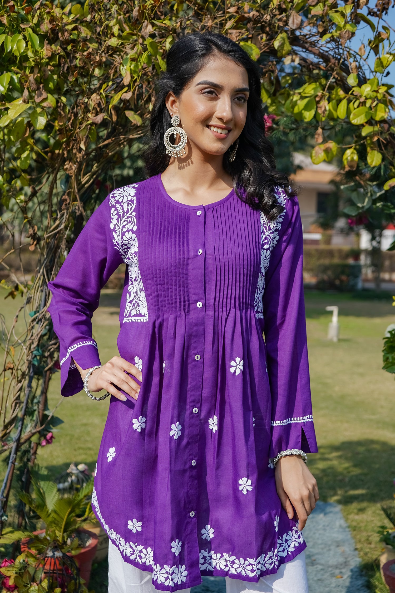 Cotton Chikankari Short Kurta in Purple