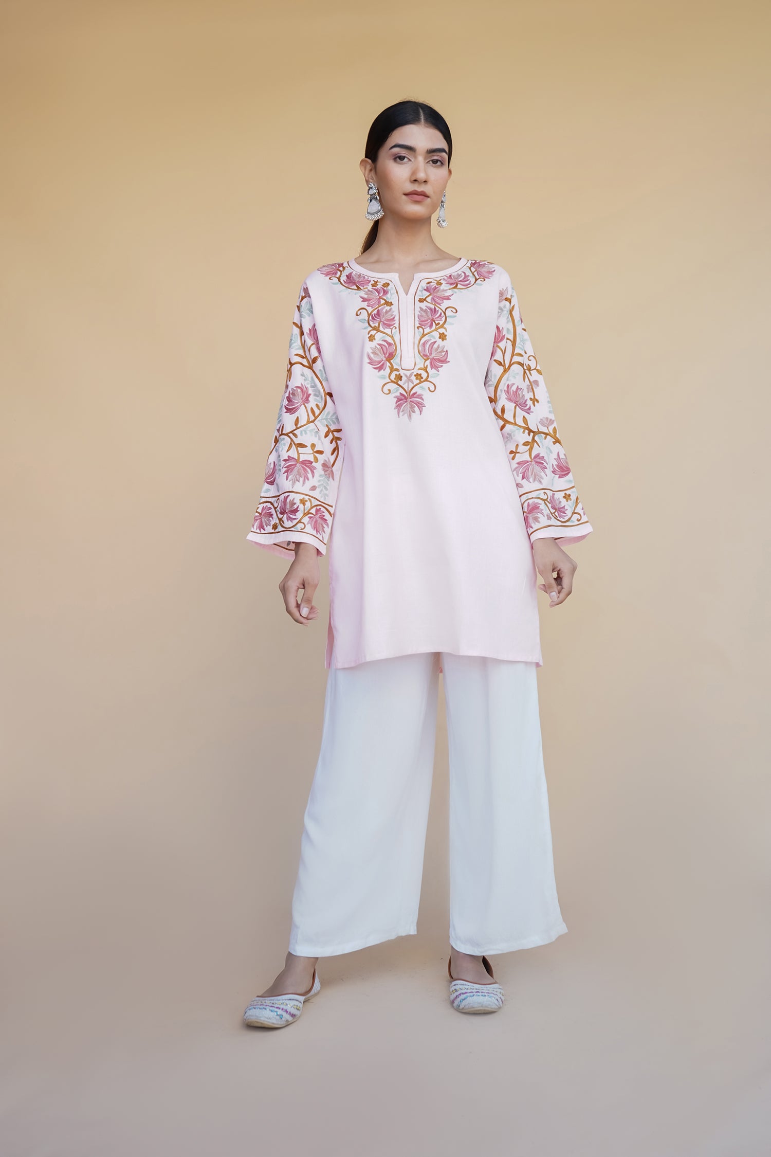 Kashmiri Aari Work Cotton Short Kurta – Pink